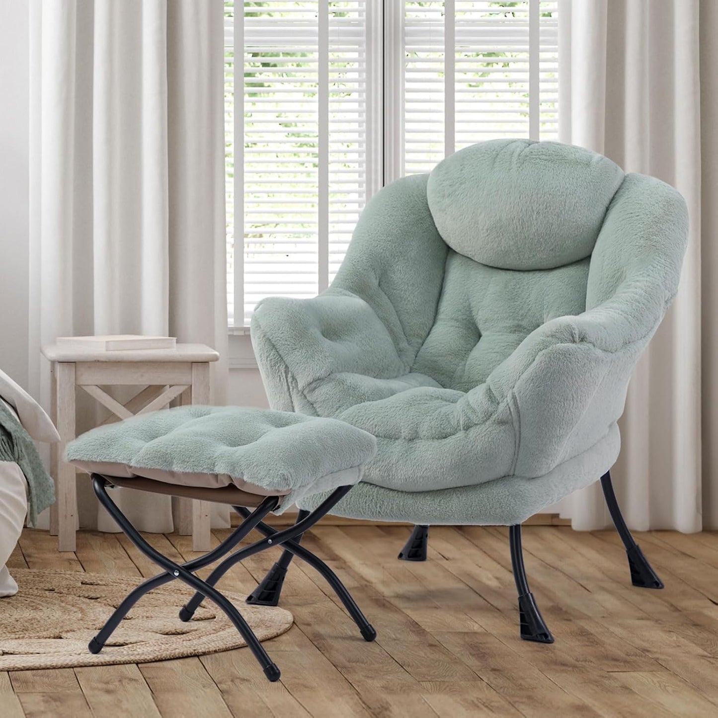 HollyHOME Fabric Lazy Chair with Foldable Ottoman, Accent Comfy Lounge Arm Chair and Folding Footrest Stool Set, Leisure Sofa Reading Chair and Footstool for Living Room, Bedroom, Dorm, Pea Green