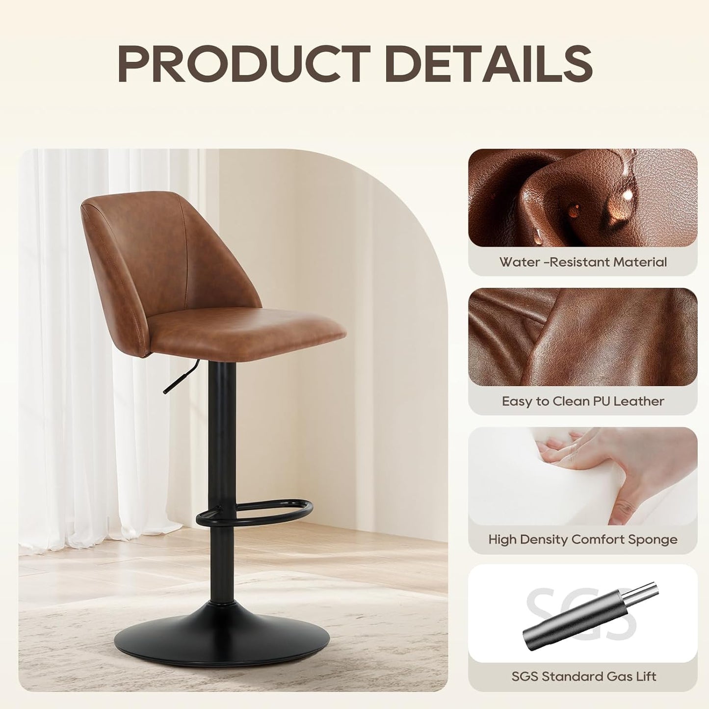 COLAMY Bar Stools Set of 4, Modern Swivel Bar Chairs, Adjustable PU Leather Upholstered Barstools Counter Height with Full Backrest for Bar, Dining Room, Kitchen Island, Brown