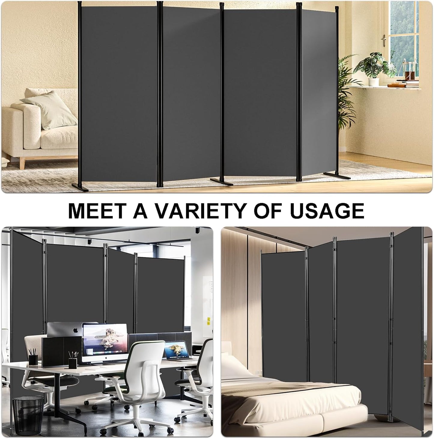 Room Divider 3-Panel Privacy Screen, Portable Screen Steel Frame with Hook&Loop for Home, Office, Classroom, Studio, Meeting (Grey