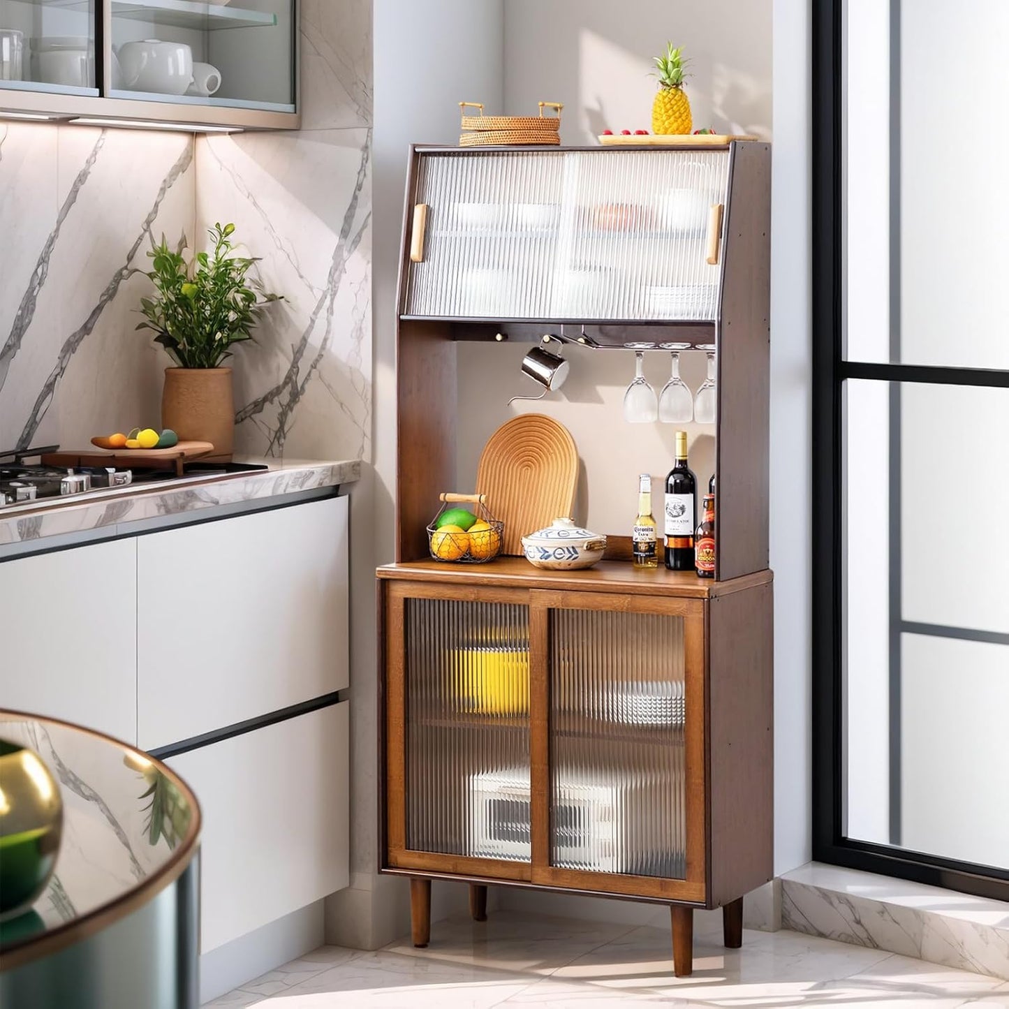 Tiita Kitchen Hutch with Countertop, 69” Rattan Solid Wood Pantry Cabinet with Hutch, Boho Bamboo Sideboard Buffet Cabinet, Boho Entryway Table for Living Room, Home Bar, Hallway, Walnut