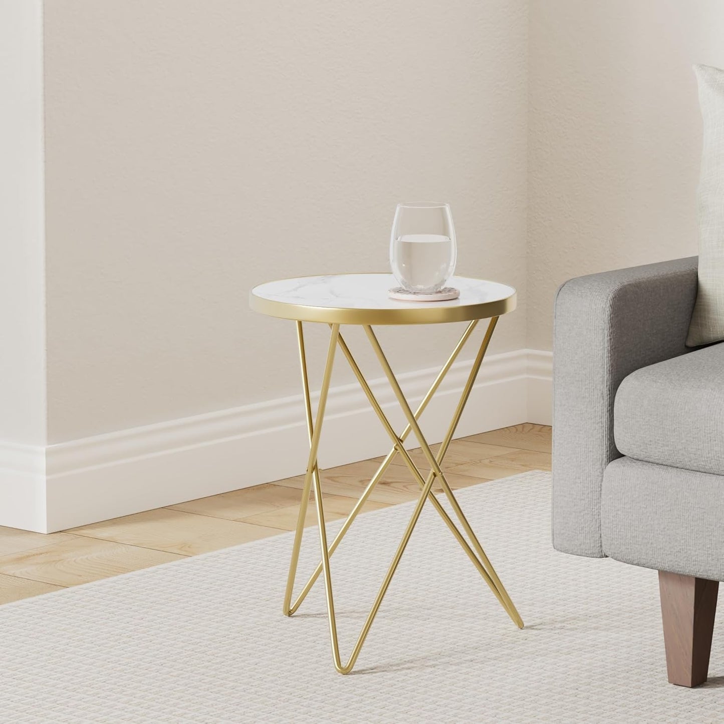 HLR Modern Round Side Table Set of 2, End Table with Marble Effect Top and Gold Metal Frame, Small Side Table for Living Room, Bedroom, Sofa and Couch, Gold Legs, White Marble top