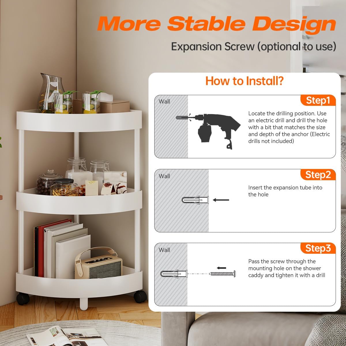 Rolling Cart with Wheels 3 Tier Bathroom Organizer Mobile Shelving Unit Utility Cart Tower Rack Multifunction Utility Storage carts, Kitchen Storage Organizer for Kitchen Laundry Narrow Places, White