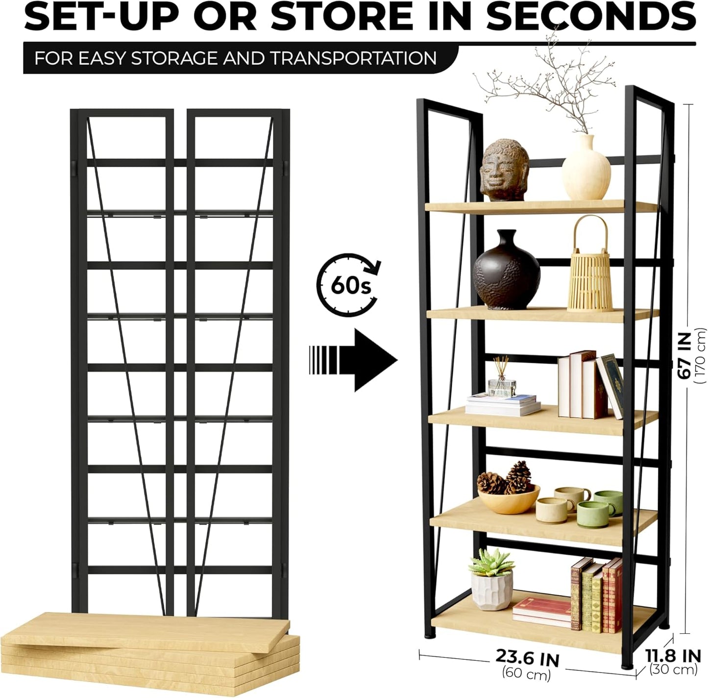 5 Tier Wood Book Shelf Organizer, No Assembly Bookshelf for Bedroom Living Room Office, Rustic Foldable Book Case, Tall Bookshelves, Open Book Shelves, Decorative Folding Shelf Display, Tall Bookcase