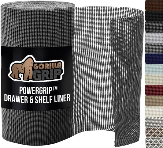 GORILLA GRIP powerGRIP Drawer Shelf and Cabinet Liner, Thick Strong Hold, Non-Adhesive Liners Protect Kitchen Cabinets and Cupboard, Bathroom Drawers, Easy Install, Breathable Mat, 20" x30', Charcoal
