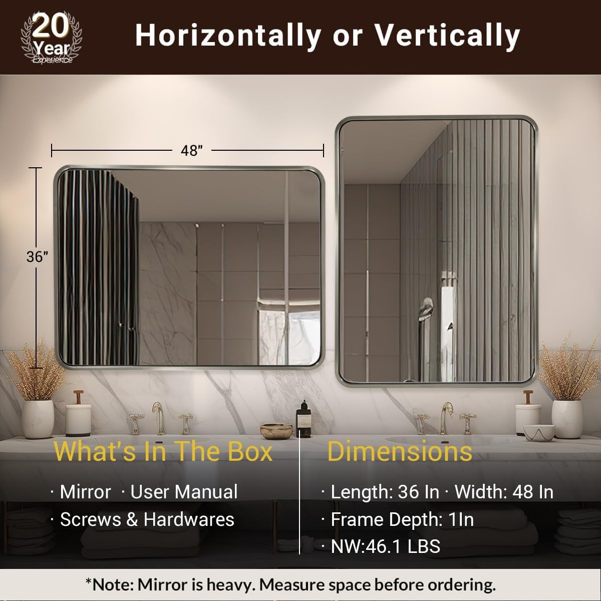 ANDY STAR 48x36 Inch Brushed Nickel Bathroom Mirror, Rounded Rectangle Bathroom Vanity Mirrors for Wall, Anti-Rust SUS304, Seamless Tube Metal Frame, 1’’ Deep Wall Mounted Vertically/Horizontal