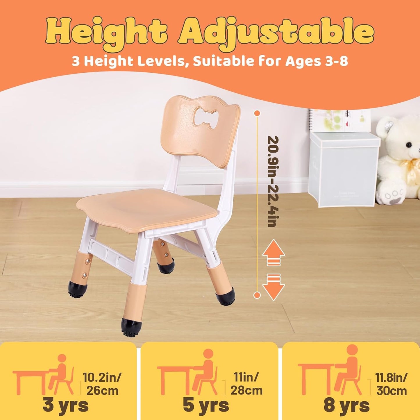 FUNLIO Adjustable Kids Chair (2pcs), 3 Level Height Adjustable Toddler Chair for Ages 3-8, Sturdy Child Chair with Maximum Bearing 220lbs, for Classrooms/Daycares/Homes, CPC & CE Approved - Natural