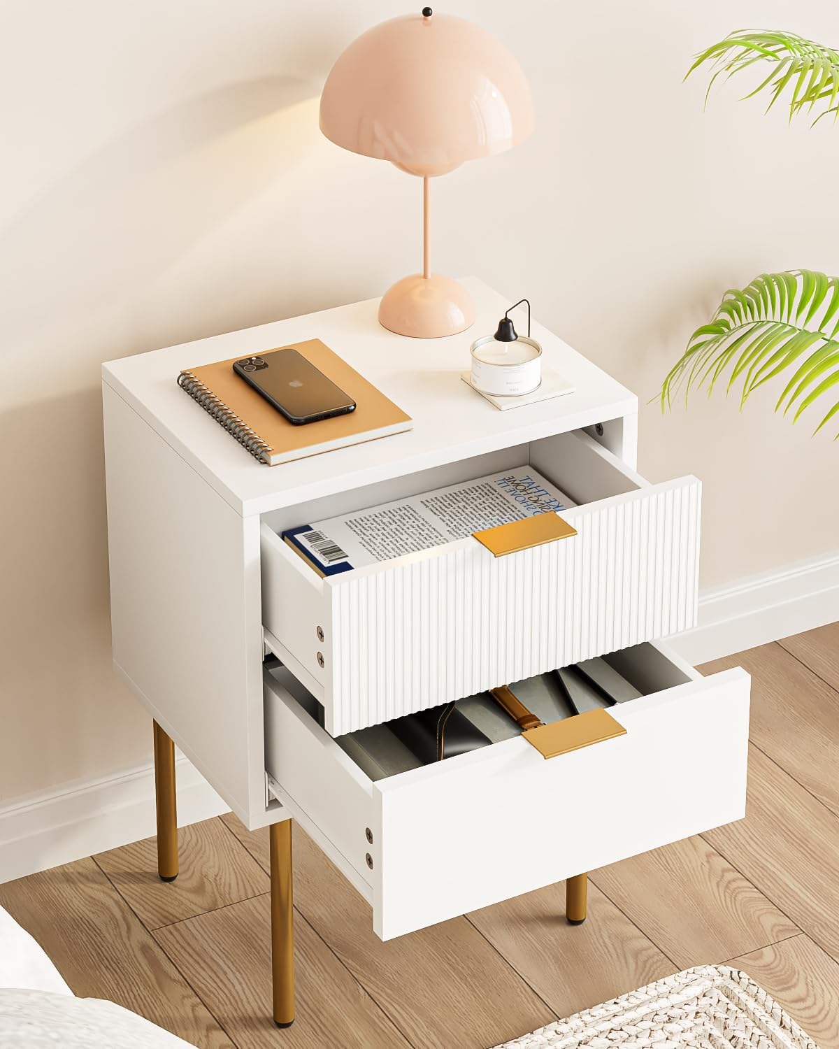 Nightstand,Small Bedside Table with Gold Frame,Morden Night Stand with 2 Drawer,End Table,Side Table with Drawer and Shelf for Bedroom,Living Room (White-2Drawer)