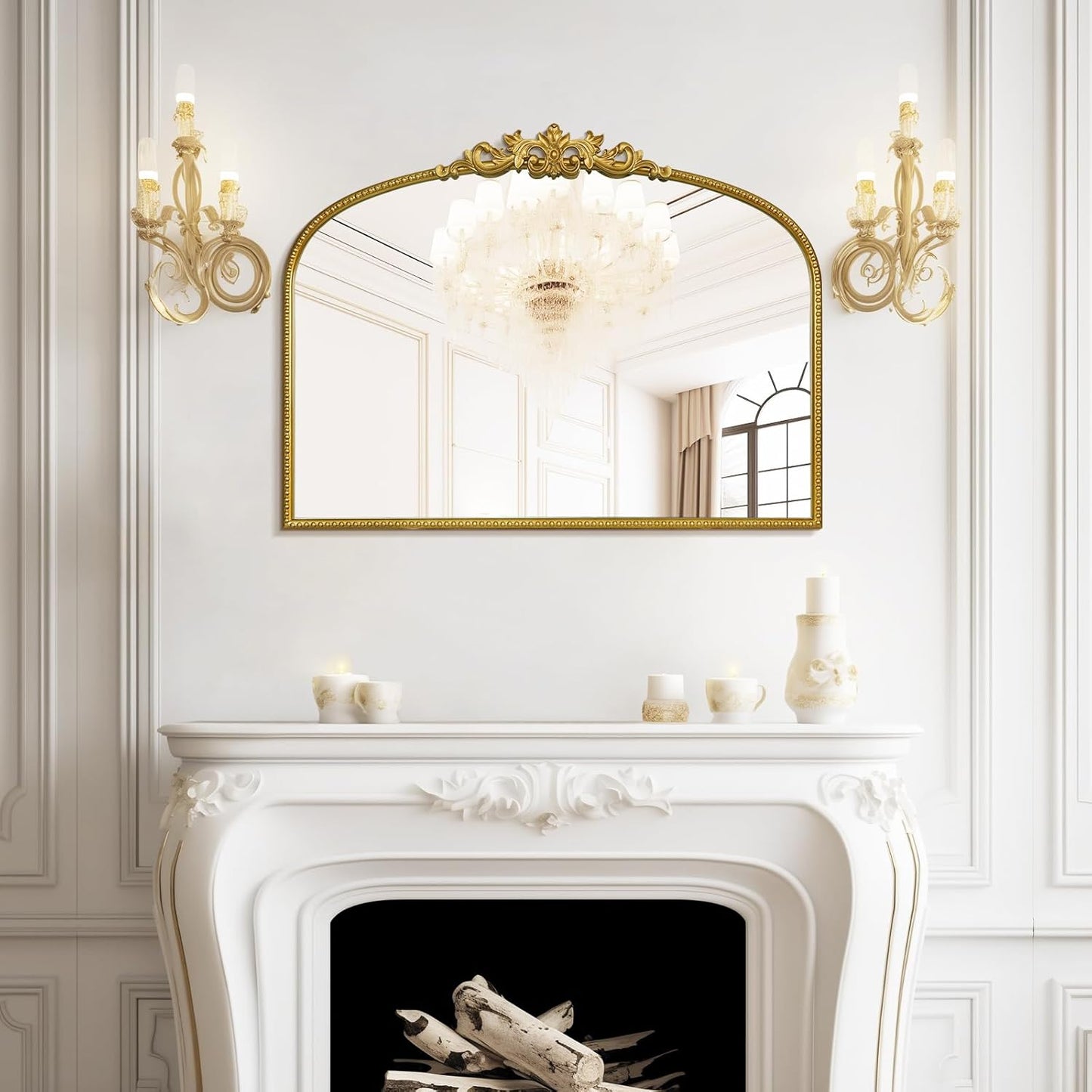 WallBeyond Gold Vintage Mirror - 32x24 Inch, Arched Antique Mirror with Ornate Frame for Bathroom, Living Room, Fireplace, Entryway