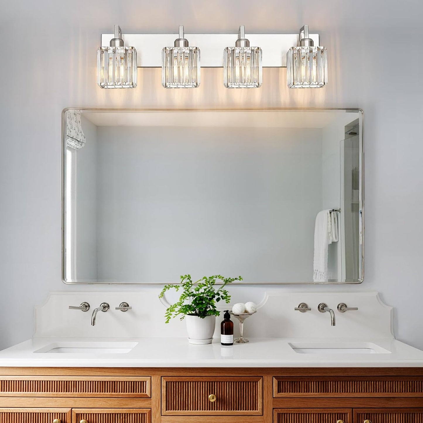 Modern Bathroom Vanity Light 4-Lights Brushed Nickel Vanity Light Crystal Wall Light Bathroom Light Fixtures