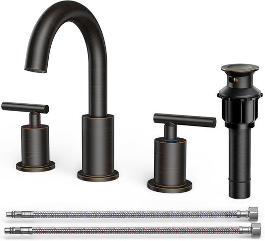 FORIOUS Oil Rubbed Bronze Bathroom Faucet 3 Hole, 8 Inch Widespread Bathroom Sink Faucet Bronze with Pop Up Drain, 3 Piece Vanity Faucet ORB with 24" CUPC Supply Hoses, 6" to 10" Sink Restroom Remodel
