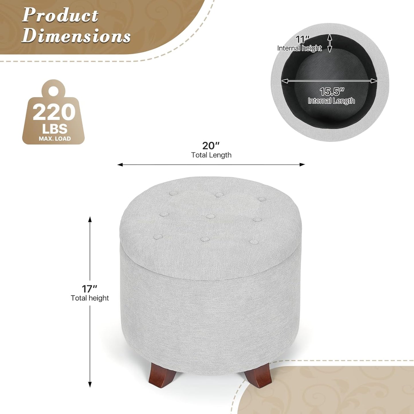 Athena Collection 20 Inch Small Ottoman with Storage, Round Linen Fabric Storage Ottoman with Removable Lid, Stylish Footstool Foot Rest for Living Room, Bedroom, Dorm, Grey