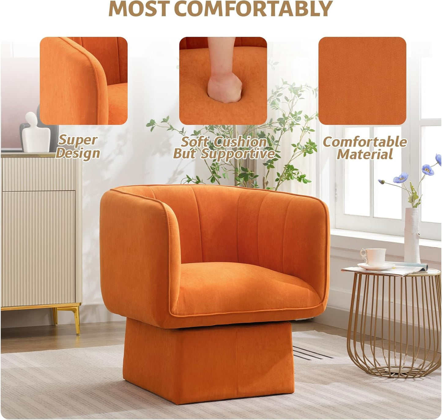 Swivel Accent Chair with Armrest, Modern Velvet Barrel Chair 360 Degree with Curve Back and Soft Cushion,Comfy Round Armchair Reading Chair Single Sofa for LivingRoom,Bedroom,Waiting Room,Orange