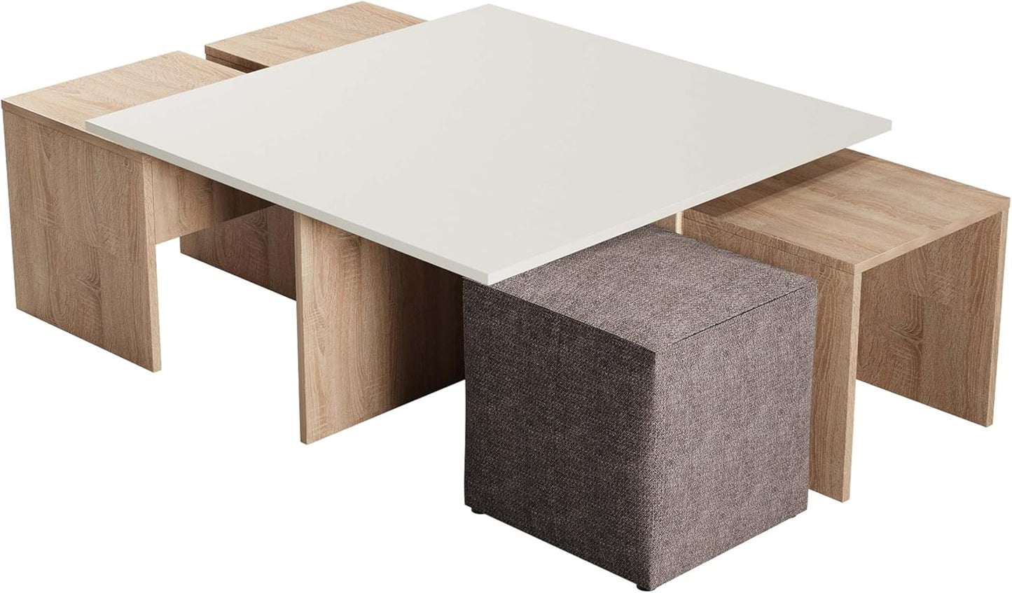 Manhattan Comfort Haley Mid Century Modern Coffee Table & Ottoman Set with Nested Design for Small Spaces, Versatile Living Room Furniture, Accent Decor, Natural and Nude