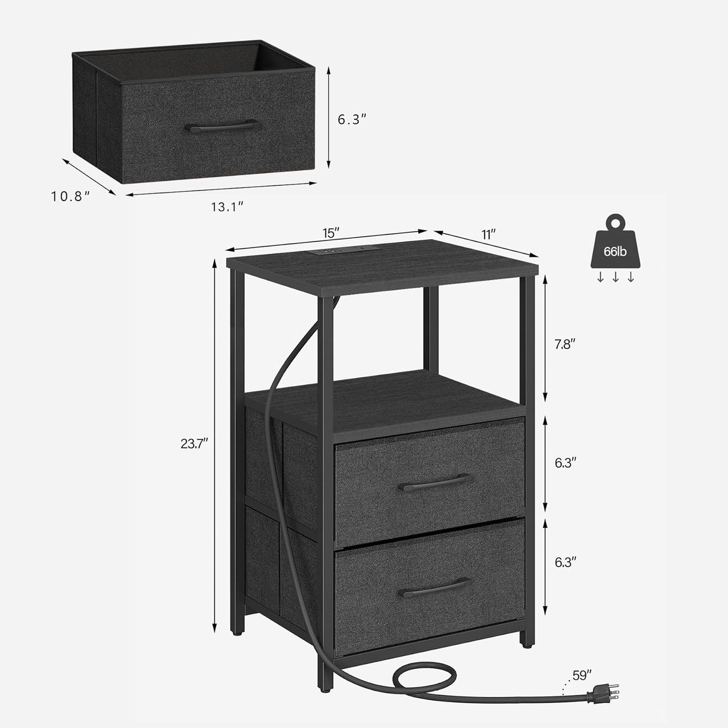 TUTOTAK End Table with Charging Station, Night Stand, Side Table with 2 USB Ports and Outlets, Nightstand with Cloth Drawer, Bedside Table for Livingroom, Bedroom Black TB01BK088
