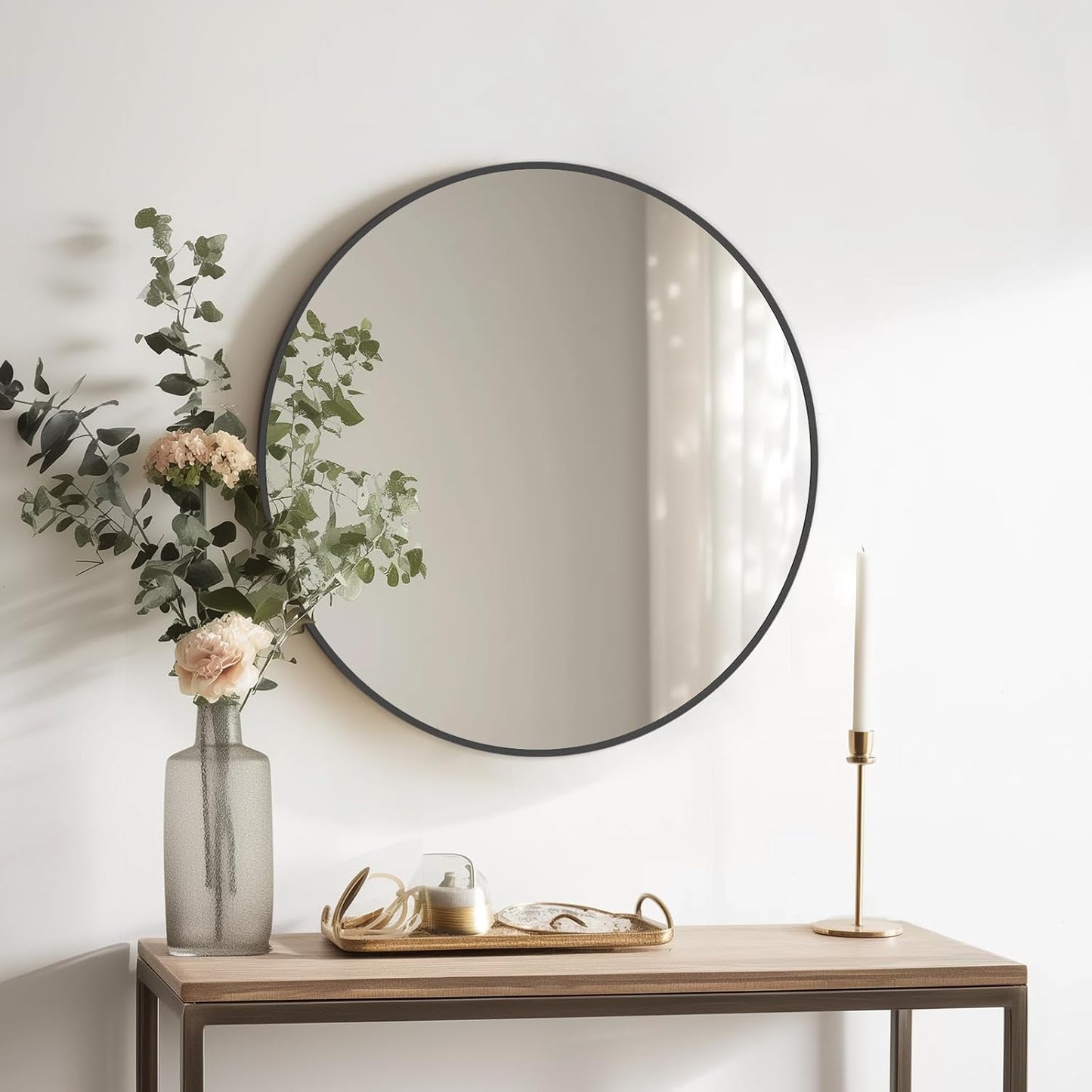 HOMECOOKIN Round Wall Mirror 24" Black Circle Mirror for Bathroom with Metal Framed, Round Gold Mirror for Wall Decor, Vanity, Entryway Living Room