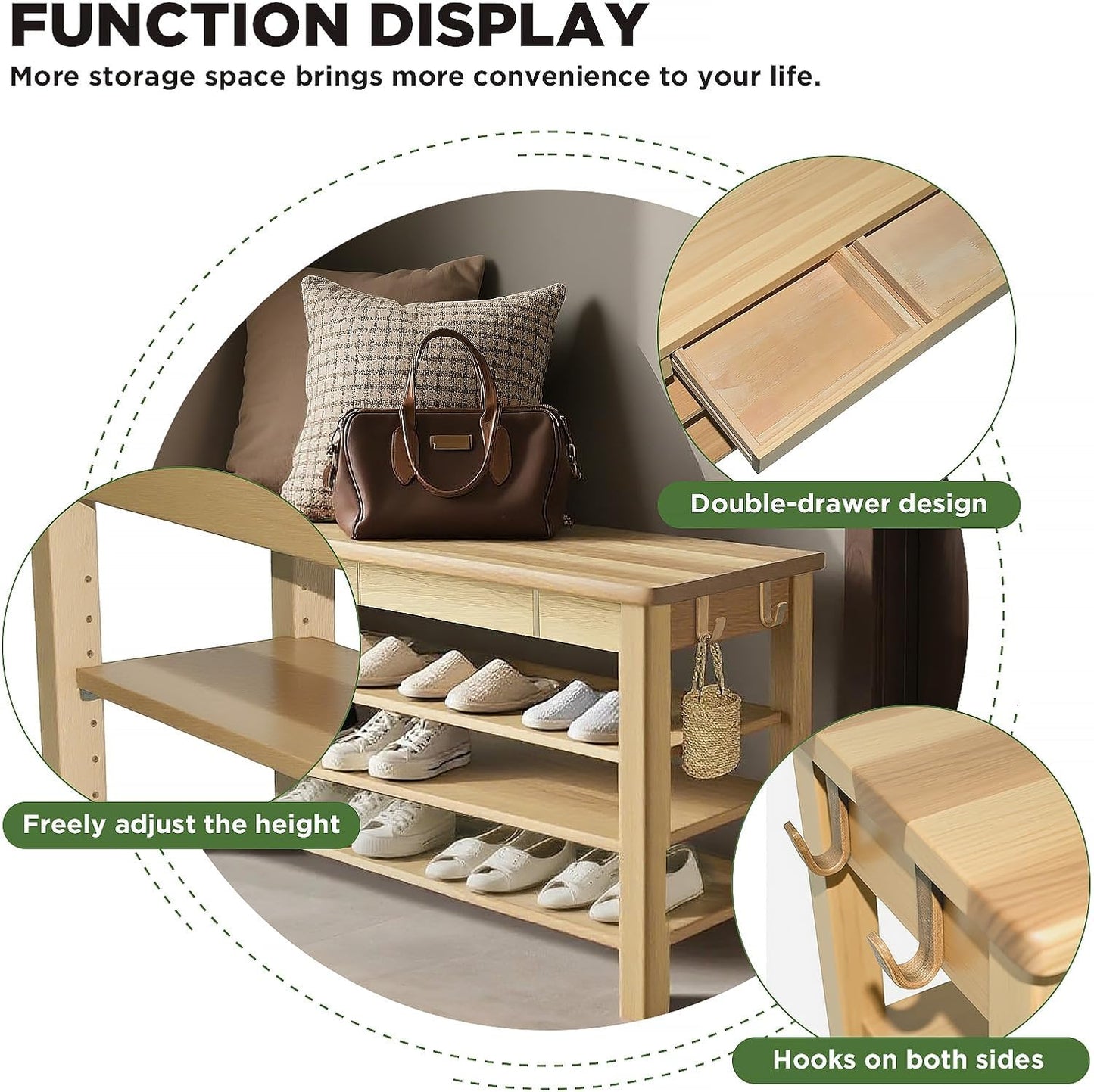 Wood Shoe Bench Entryway with Drawer: 3-Tiers Wooden Storage Shoe Rack with Bench Seat, Compact Mid-Century Modern Design for Entryway,Hallway,Closet,Front Door Entrance,Foyer Natural 39.3"