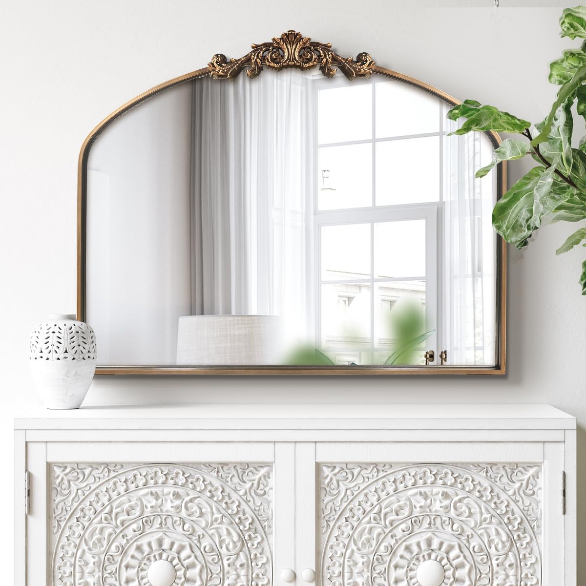 WAMIRRO Antique Mirror,Gold Traditional Vintage Ornate Baroque Arched Brass Wall Mounted Mirrors for Entryway/Fireplace/Living Room/Hallway/Bathroom 36"X30"