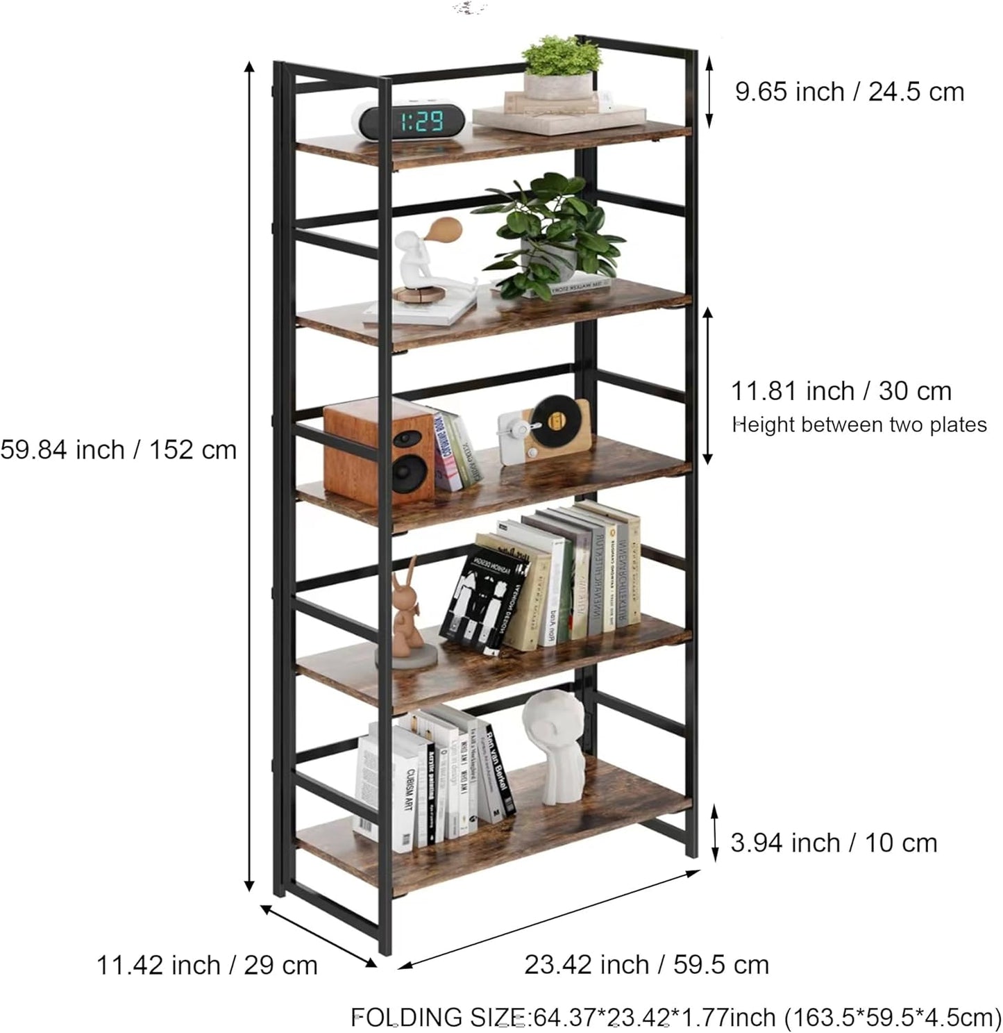 BHG Vintage Multifunctional Folding Bookshelf, No-Assembly Plant Stand Storage Rack Shelves for Home Office (Fire, 5-Tier)