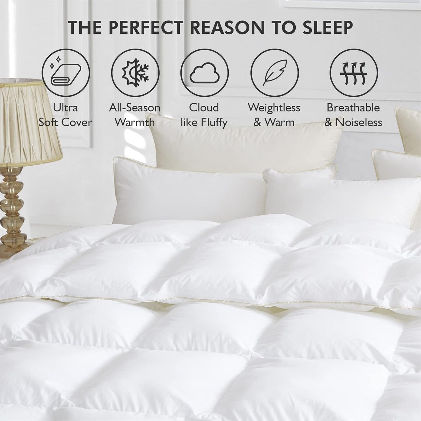 Luxurious White Solid Medium Weight, Queen Size Goose Feathers Down Comforter for All-Season Weather Duvet Insert, Premium Baffle Box, 100% Egyptian Cotton Cover, 60 oz. Fill Weight