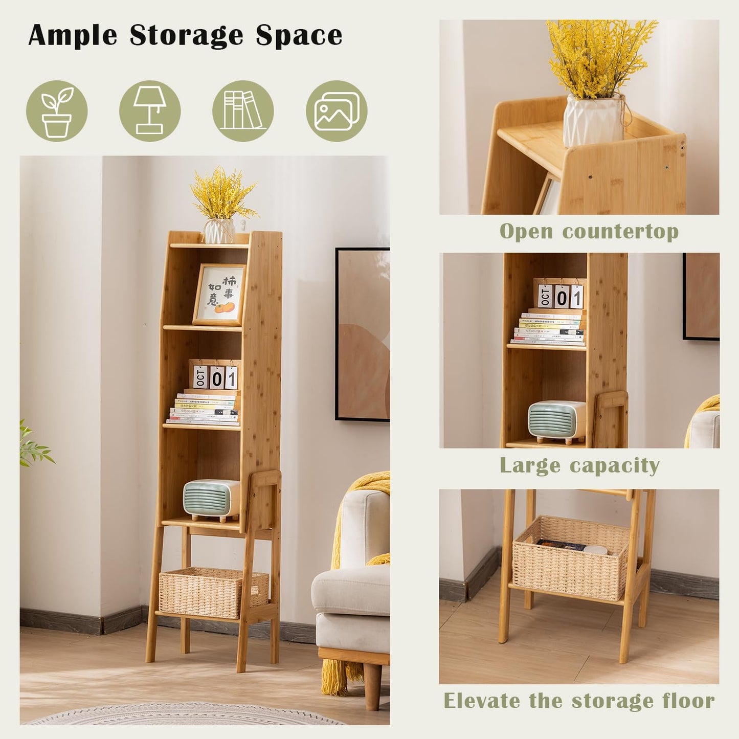 4 Tier Bamboo Bookcase, Classical Modern Bookshelf, Dispaly Shelves, Bamboo Wood Organizer Book Shelf for Living Room Home Office-Natural, Large