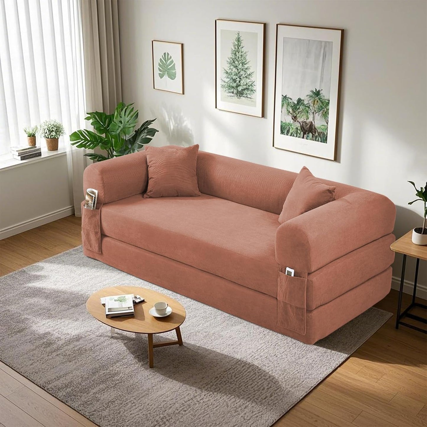80" Convertible Sofa Bed, Corduroy Deep Seat Folding Pull Out Couch with Pillows, No Assembly Modern Boneless Couch Compression Sofa in Box, Floor Sofa with Storage Pocket for Living Room,Pink