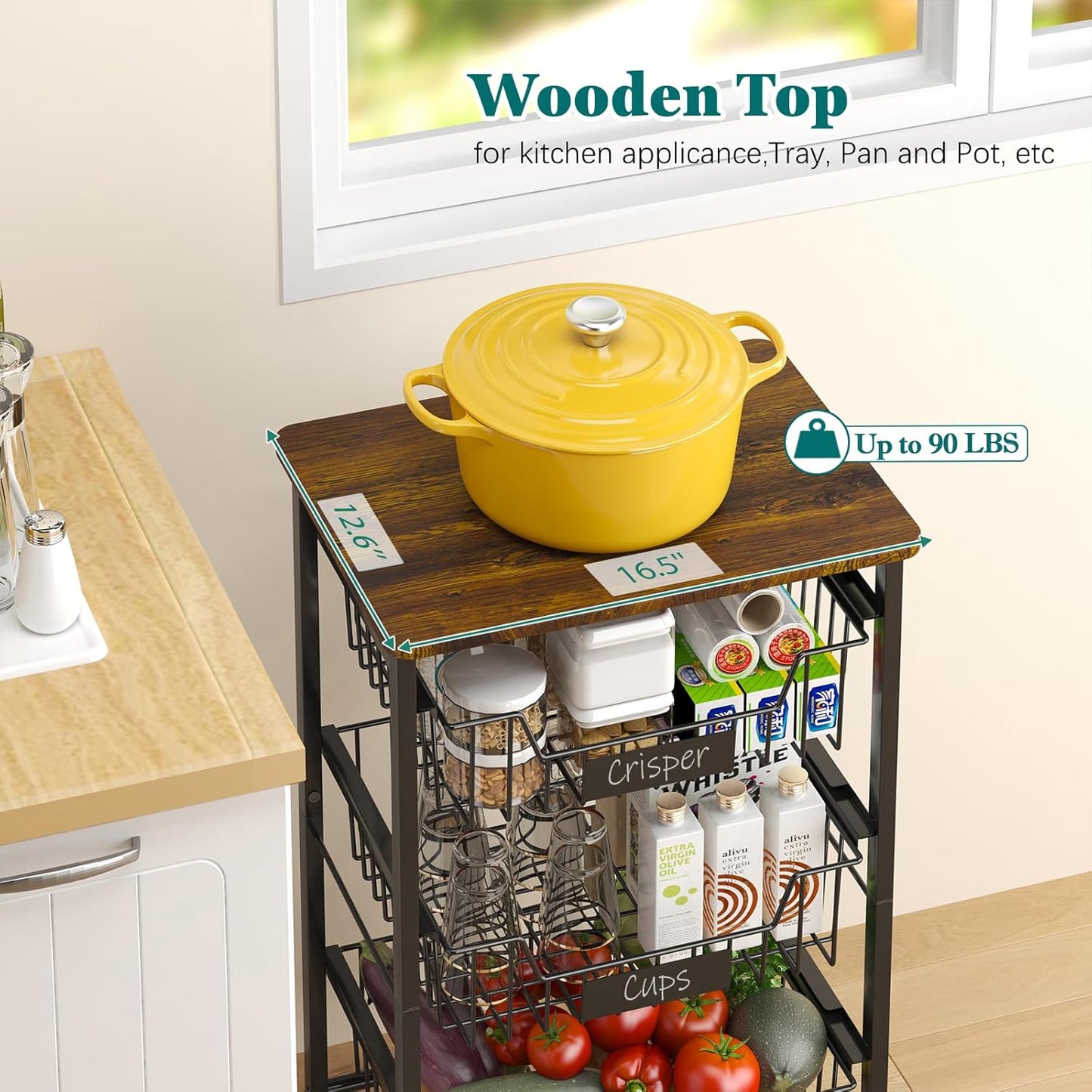 5-Tier Vegetable Fruit Basket Kitchen Storage Rolling Cart on Wheels with Pull-Out Baskets and Wood Top for Kitchen Diningroom Pantry