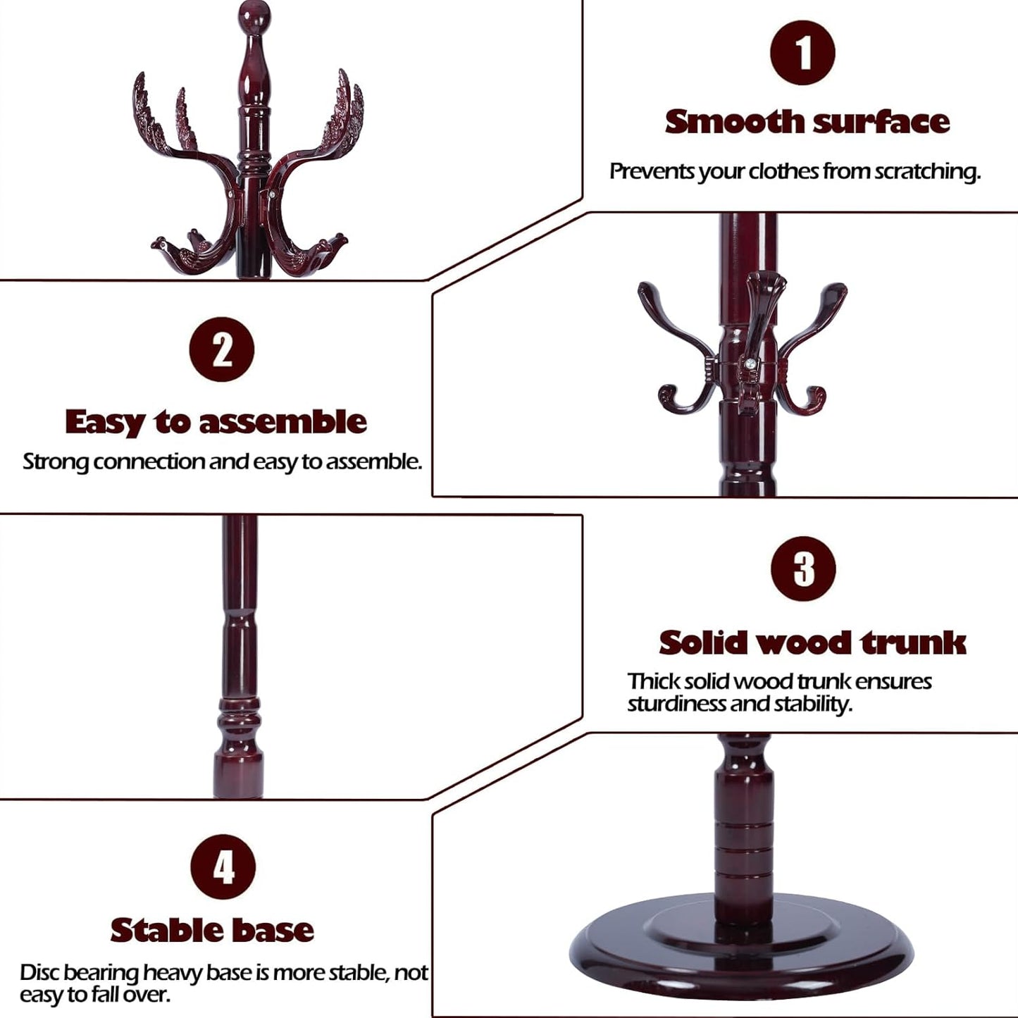 Coat Racks Free Standing with 14 Hooks, Natural Wood Coat Stands for Entryway, Adjustable Height 72 in Tree Coat Rack Stand for Hallway Home Office Bedroom (Mahogany Phoenix)