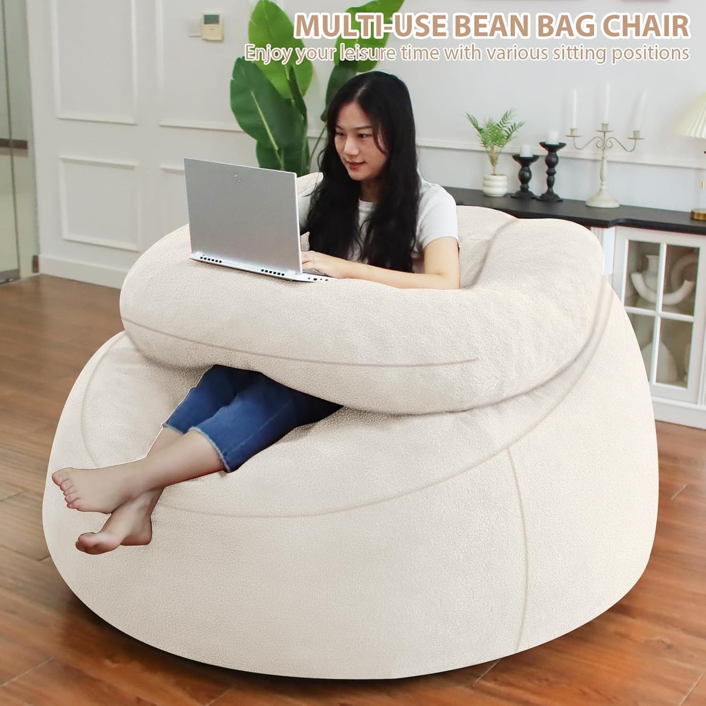 HABUTWAY Bean Bag Chair with U-Shaped Pillow for Adult and Kids Big BeanBag Chair with Filling Ultra Soft Teddy Fleece Couch Chair with Washable Cover for Living Room Bedroom Office, Beige & Beige