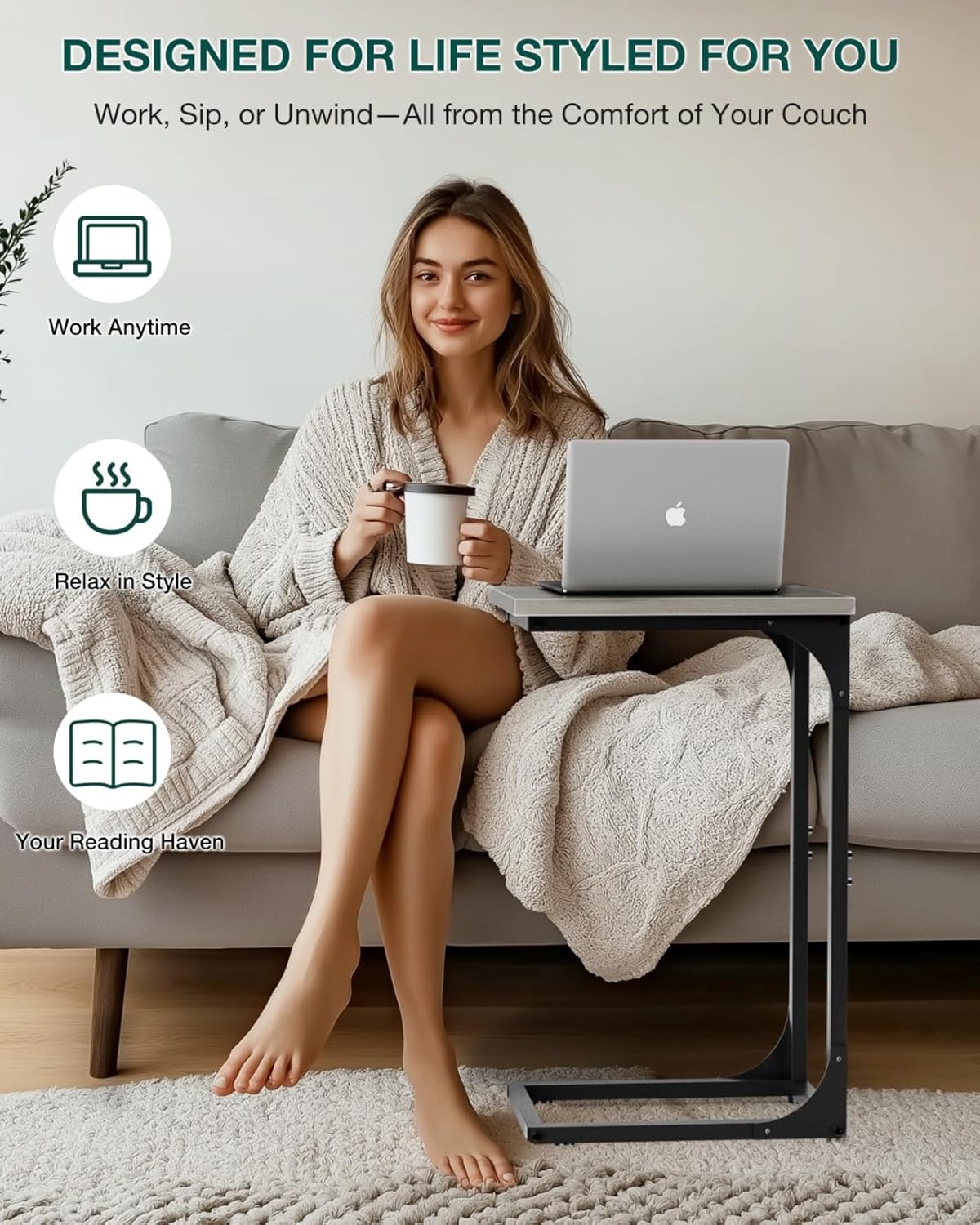 C-Shaped Side Table for Couch - Small Coffee Stand Sofa Tray Desk with Metal Frame and Waterproof Scratch Resistant, Modern End Accent for Living Room, Bedroom, Set of 2, Greige