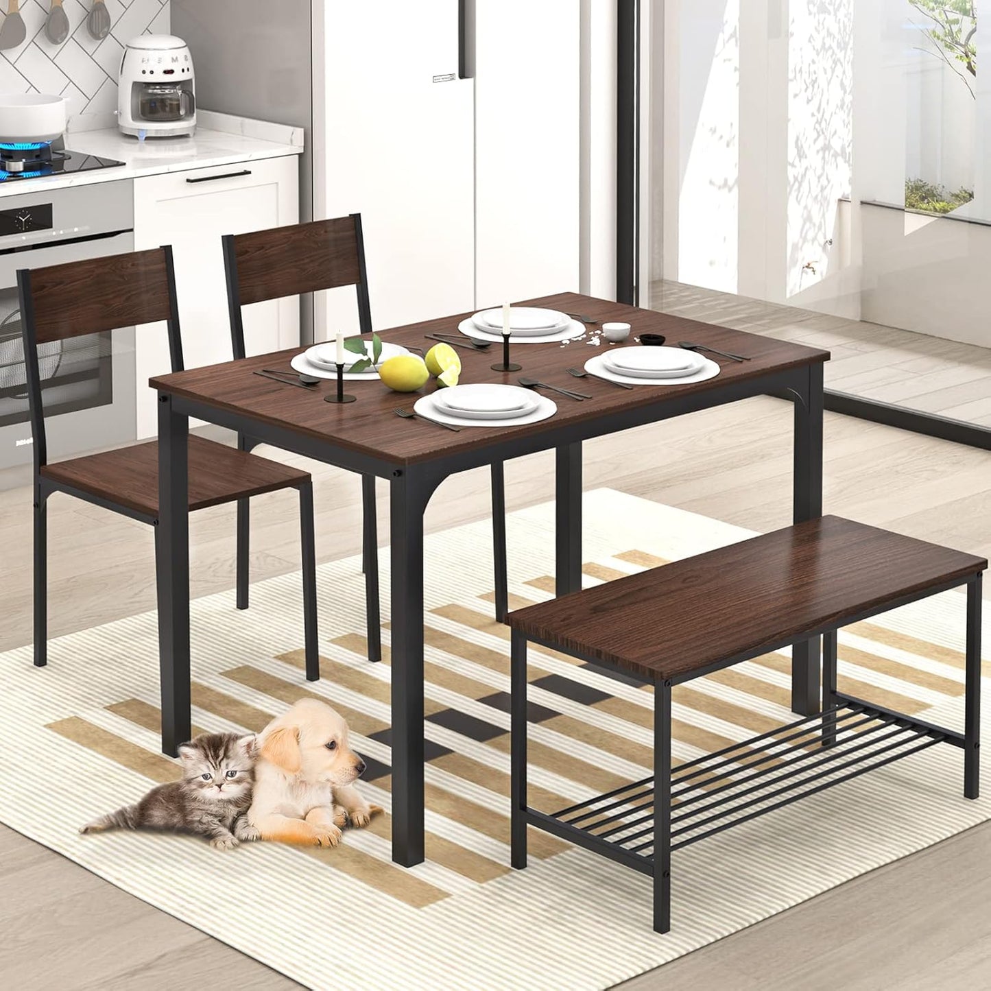 sogesfurniture 4 Piece Dining Table Set, Dining Table Set for 4, Kitchen Dinner Table with Benches for 4, Includes Table, 2 Chairs & Bench, Brown