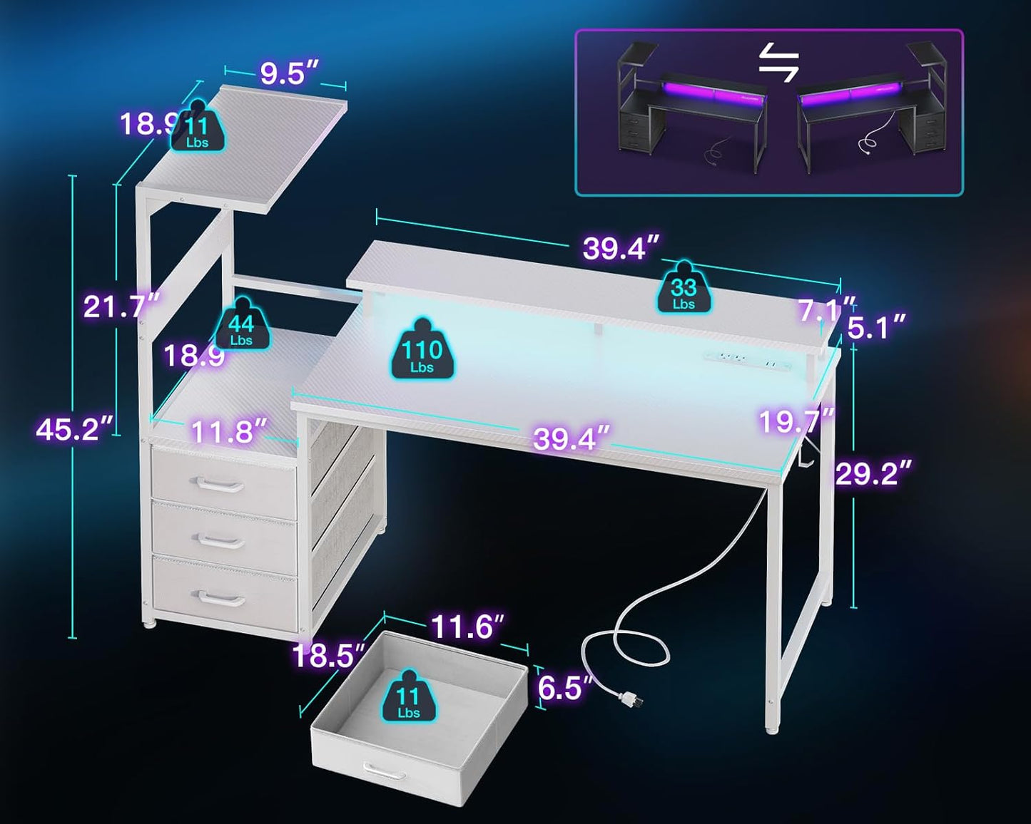 AODK 52 Inch Gaming Desk with USB Charging Ports & LED Light- Reversible Computer Desk with Storage Shelves & Monitor Stand, Modern Gamer Desk Table with Fabric Drawers & Side Hook, Carbon Fiber White