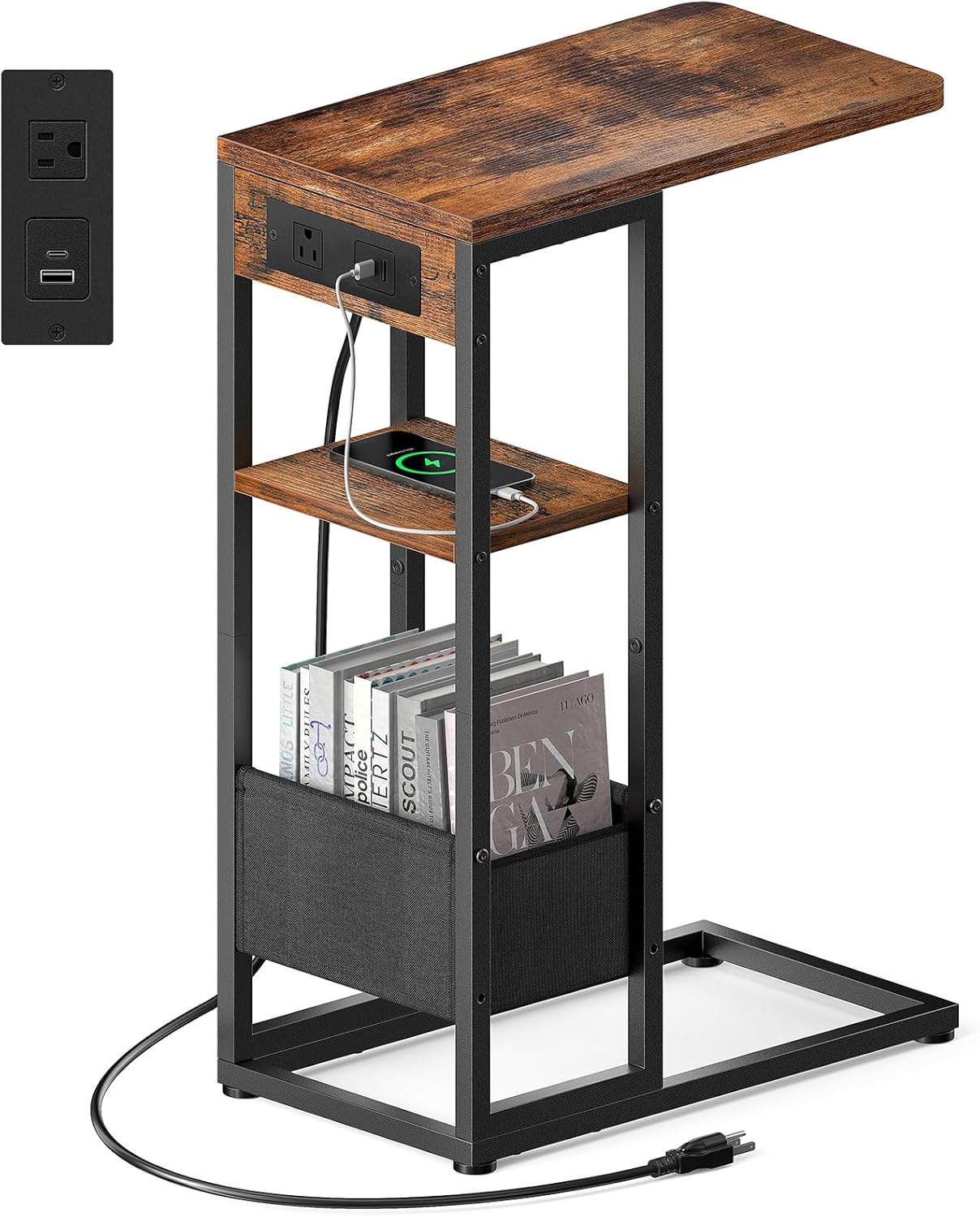 C Shaped End Table with Charging Station, Small Side Table for Couch Recliner, Slide Under Sofa Desk Snack Tables with Storage Bag & AC / USB Outlet, Small Spaces Drink Tables for Living Room, Bedroom