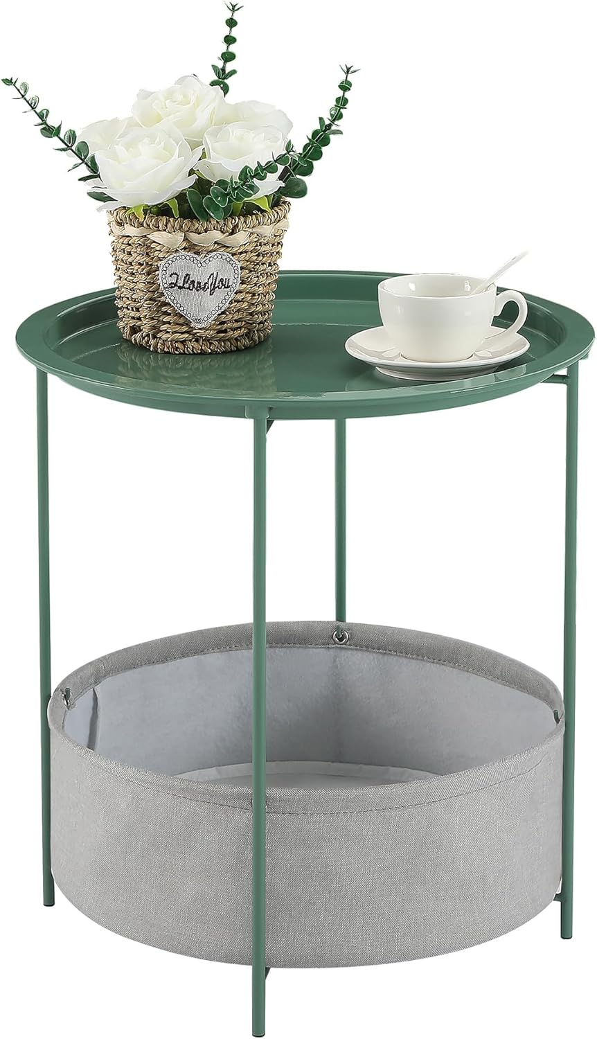 VECELO Round Side/End Table with Fabric Storage Basket，Metal Anti-Rust and Waterproof Small Bedside Nightstand with Removable Tray Top for Living Room，Balcony & Laundry，Dark Green /1pcs with Basket