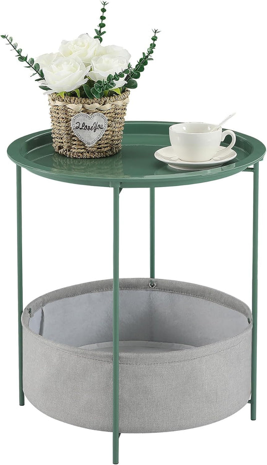 VECELO Round Side/End Table with Fabric Storage Basket，Metal Anti-Rust and Waterproof Small Bedside Nightstand with Removable Tray Top for Living Room，Balcony & Laundry，Dark Green /1pcs with Basket