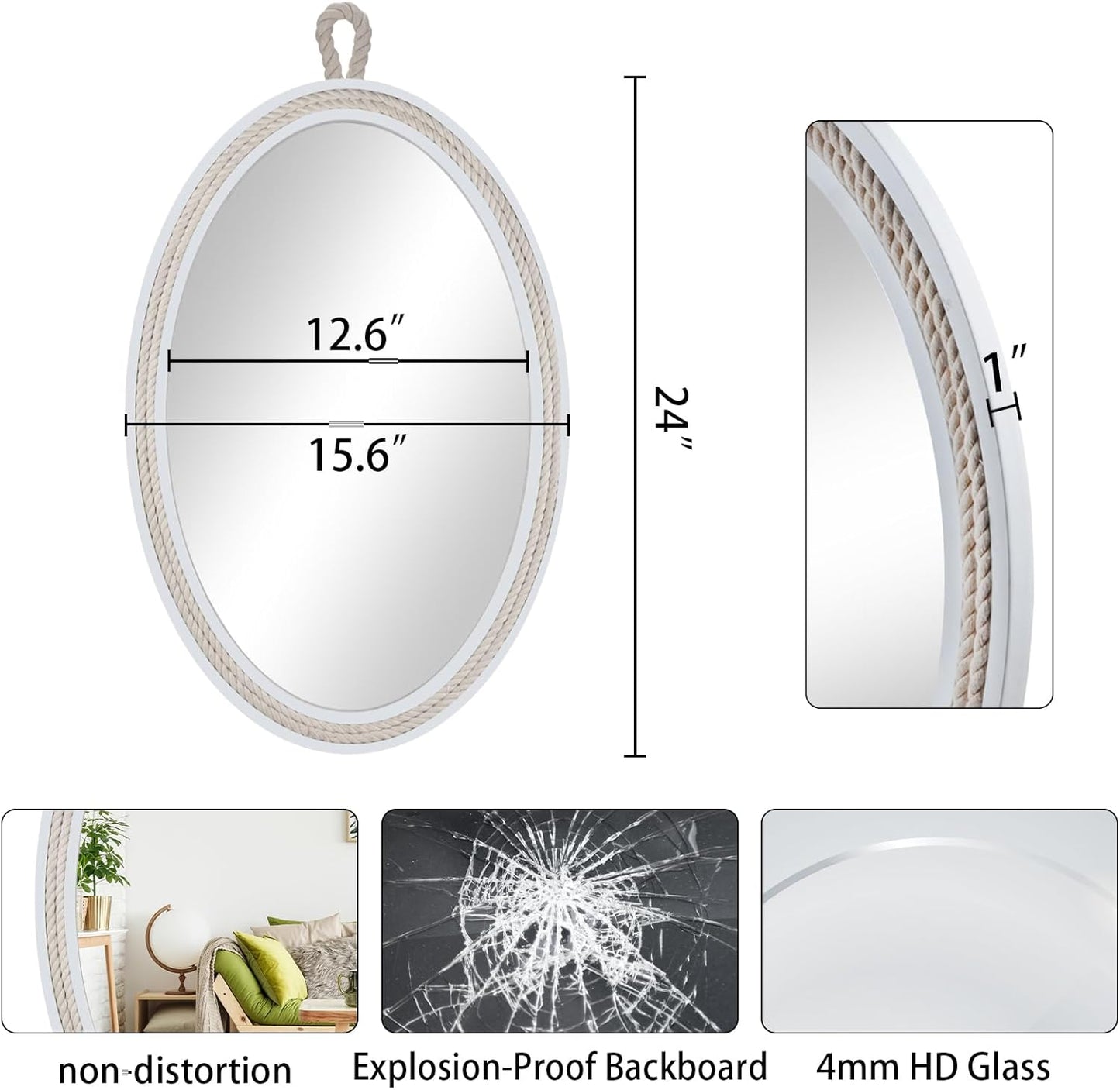 Farmhouse Wall Mirror Rope Mirror Decorative Mirror with Hanging Loop,Beach Nautical Mirror ,24 inches Lx16 inches W,Oval, White, Oval 24 inches Lx16 inches W