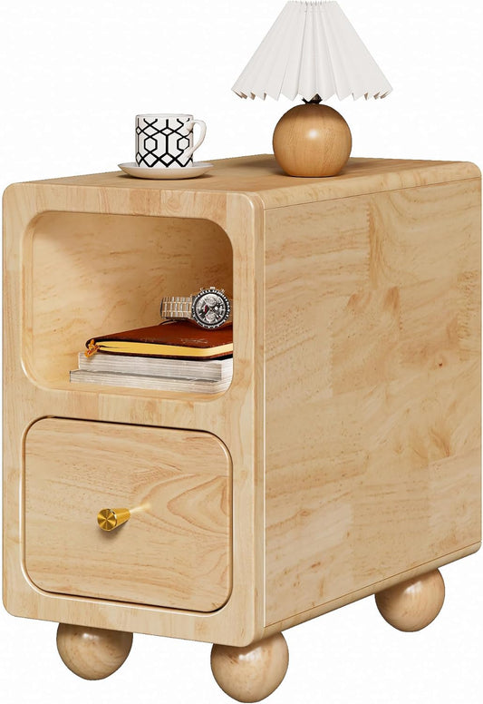 Solid Wood Night Stand, Narrow Nightstand with Drawers, Natural Mid Century Modern Nightstand, Small Beside Table with Open Storage Shelf for Bedroom (10 inch)