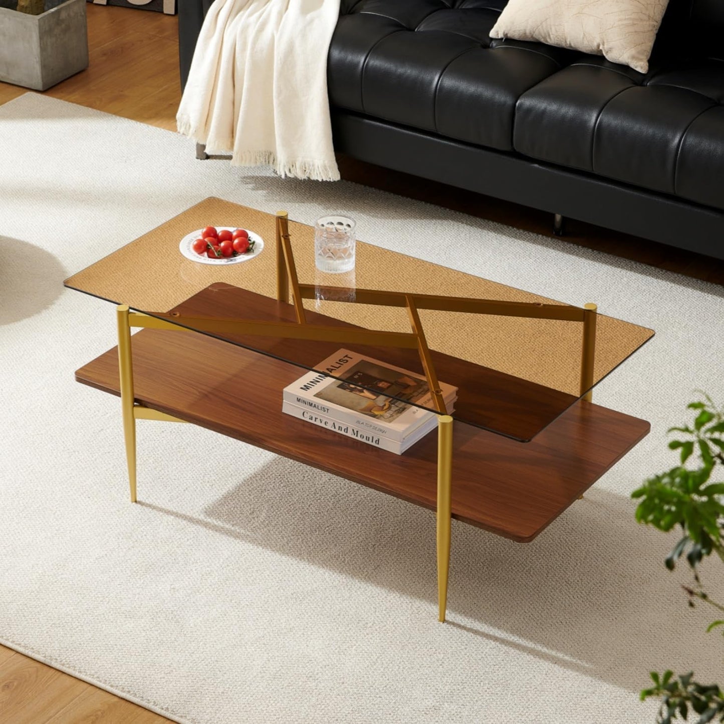 Rectangle Coffee Table, Mid-Century Modern Design, L41*W21*H17 inch, for Living Room, Amber Glass Top and Walnut Finish Wood Shelf, Conical Metal Legs with Gold Finish