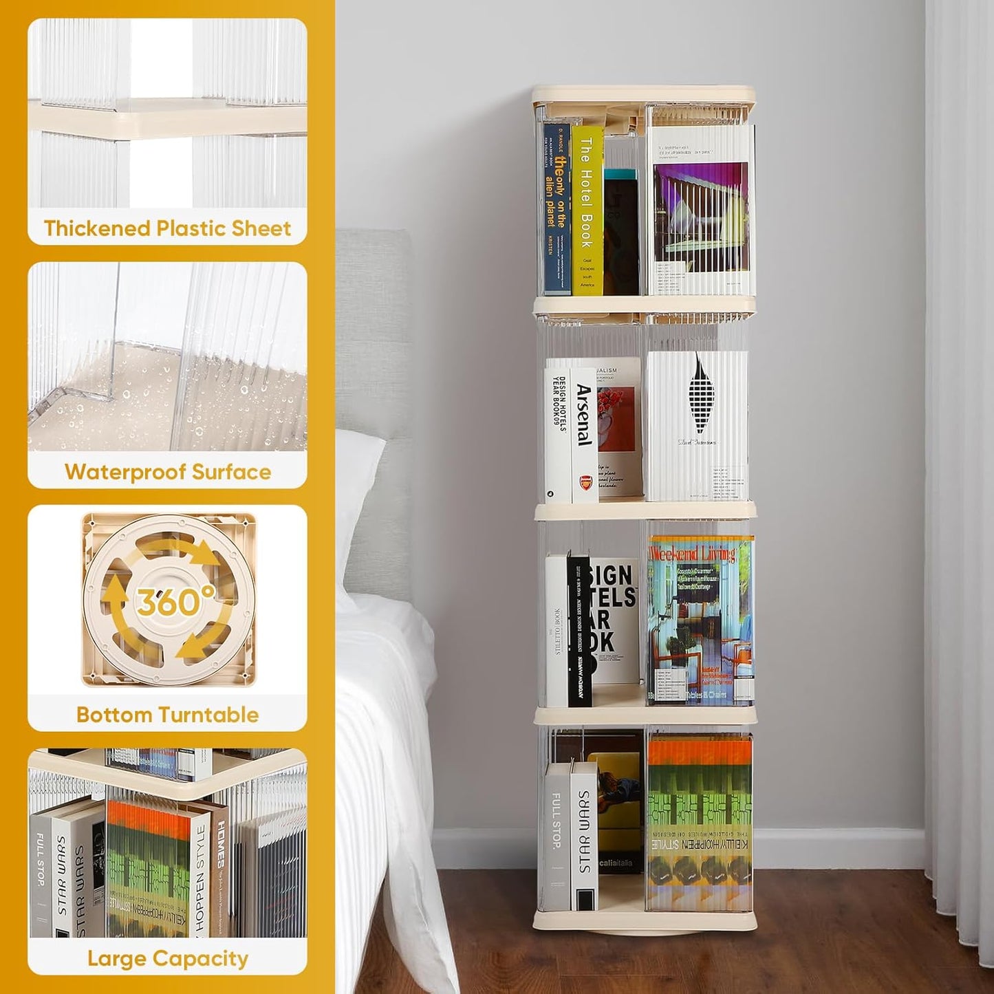 FAHKNS 4 Tier Rotating Bookshelf,360°Display Floor Standing Bookcase,Book Shelf for Small Space Revolving Bookcase for Office Bedroom Living Room,Rectangular