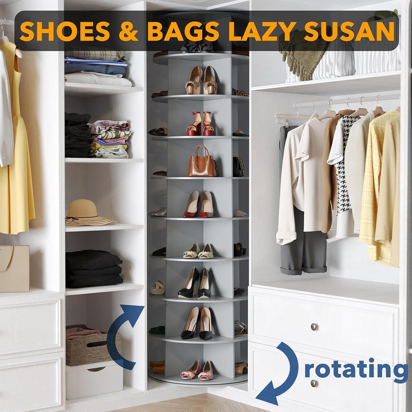 SpaceAid 9 Tier Rotating Shoe Rack Tower, Spinning Shoe Display Lazy Susan, Revolving 360 Shoe Rack Storage Round Carousel, Vertical Handbag Rotate Shoes Closet Organization (9-Tier Gray)