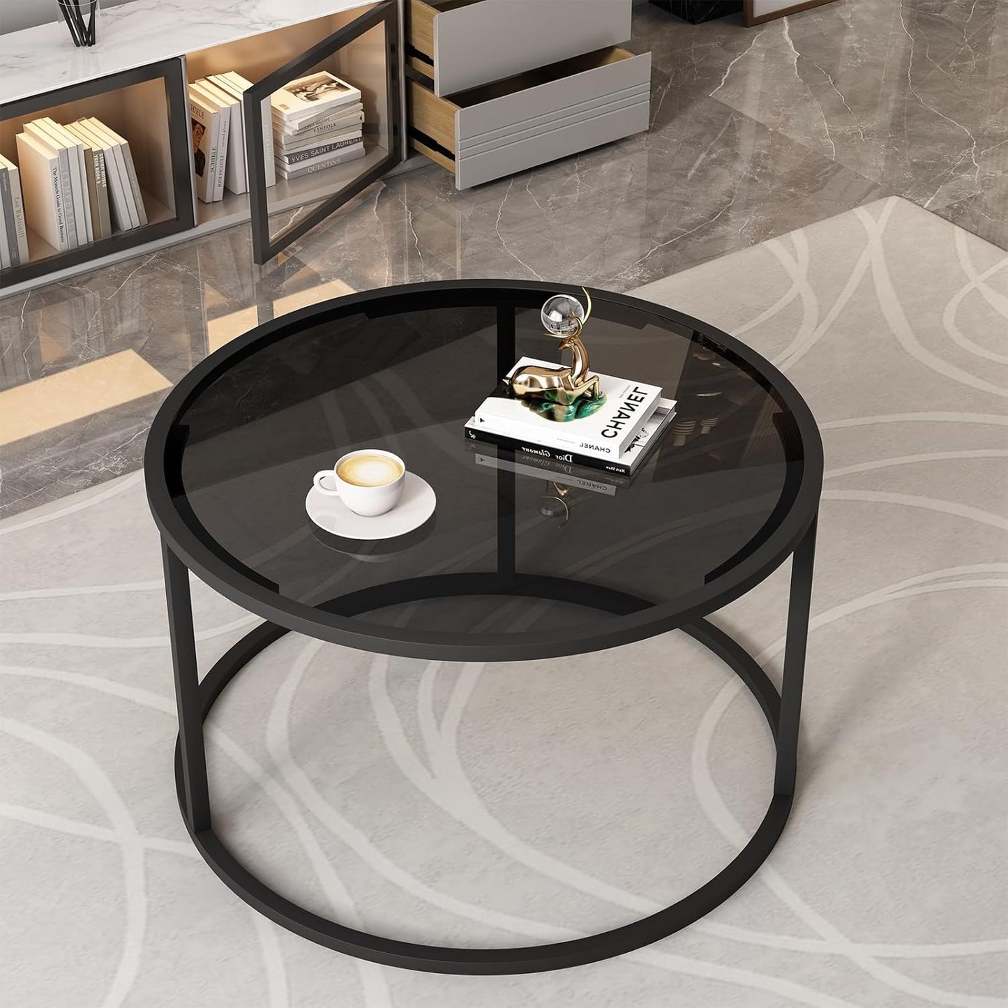 Glass Coffee Table Modern Center Table,Minimalist Round Coffee Tea Table,Tempered Glass-top with Sturdy Metal Frame for Living Room Bedroom Office and Small Space, 27 x 27 x 17 Inch,Gray Black