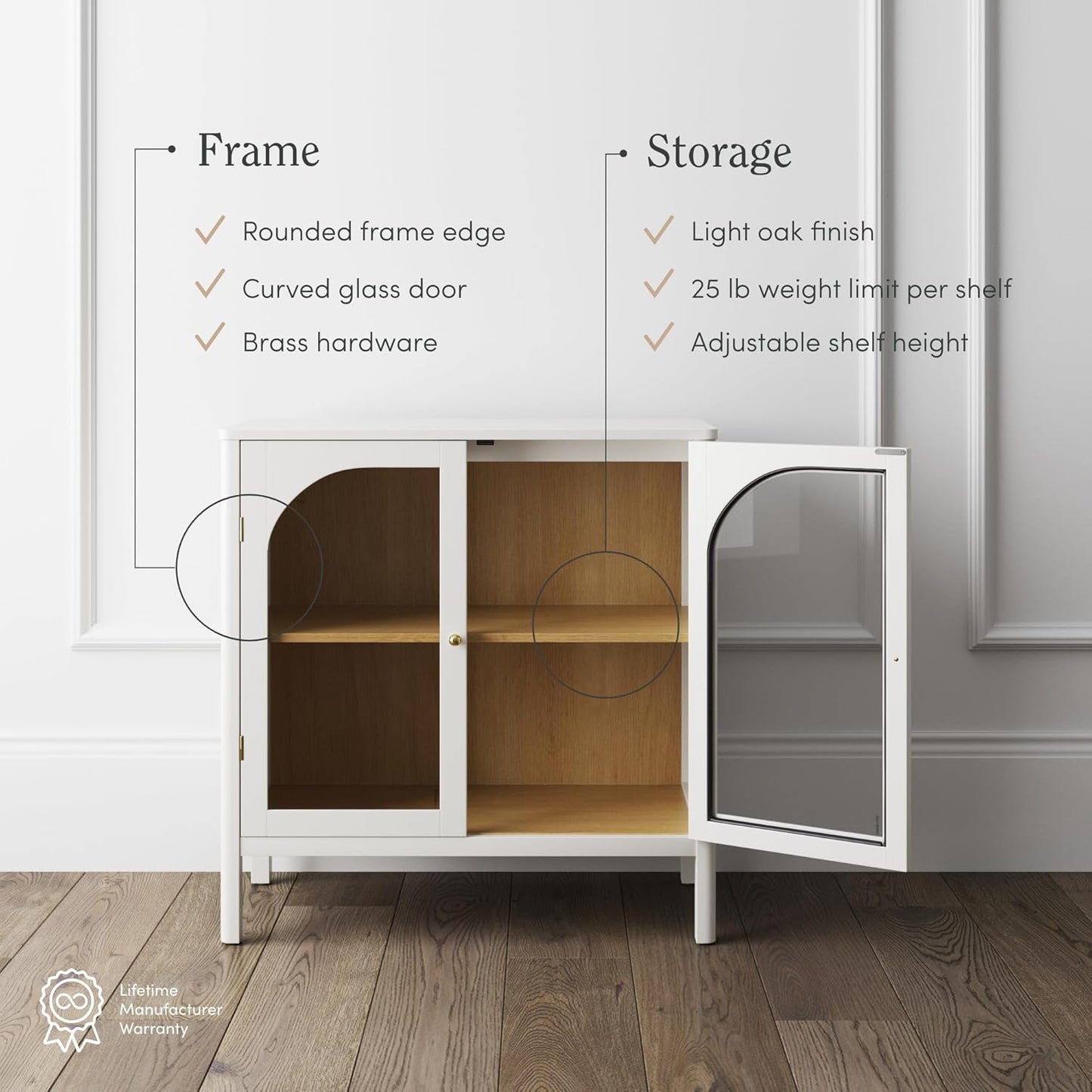 Nathan James Mason Storage Accent Cabinet Sideboard Buffet, Credenza with Glass Doors and Adjustable Shelf for Dining Room, Entryway and Living Room, Clear Glass/White/Light Oak