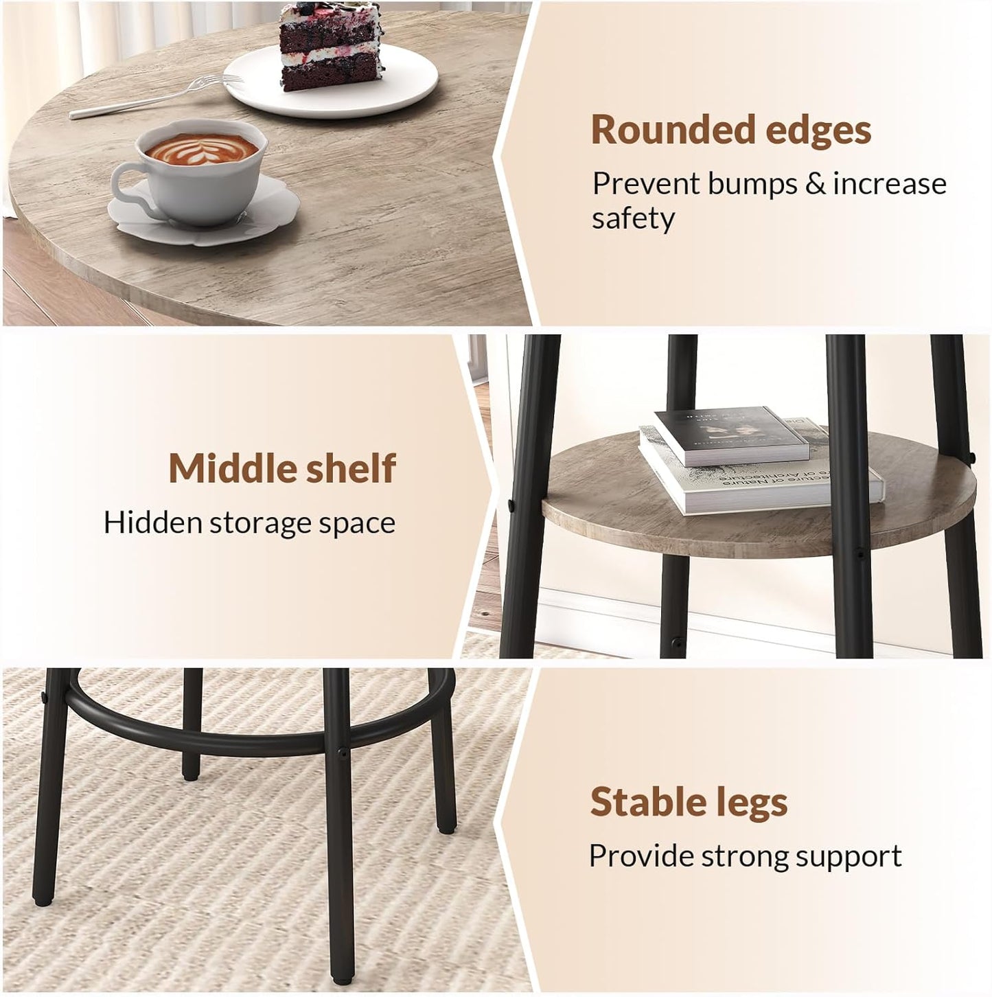 3 Pieces Round Bar Table and Chairs Set, Small Dining Table for 2, Kitchen Bar Table, Breakfast Table with Storage, 2 Thickened Cushion Stools with Backrest for Dining Room & Bistro-Grey