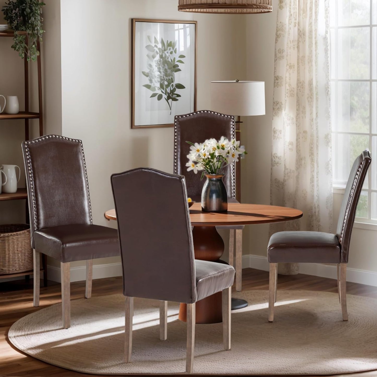 Stylish Upholstered Parsons Dining Chair PU Faux Leather with Silver Nailhead Trim and Sturdy Solid Wood Legs