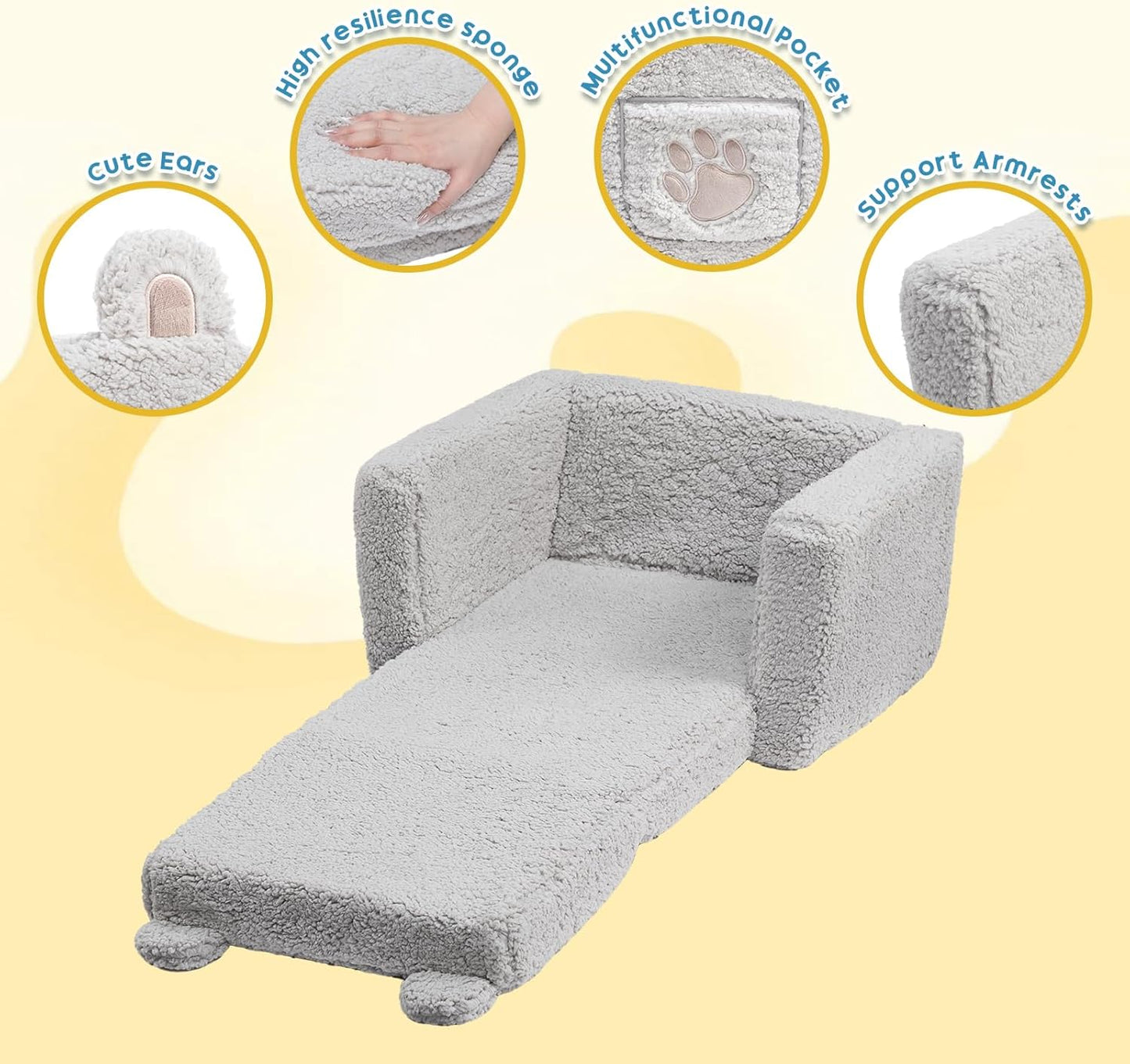 ALIMORDEN Fold Out Toddler Couch, Comfy 2-in-1 Cuddly Sherpa Bear Chair for Kids, Convertible Sofa to Lounger, Kids Cozy Corner Play Couch for Boys and Girls, Gary