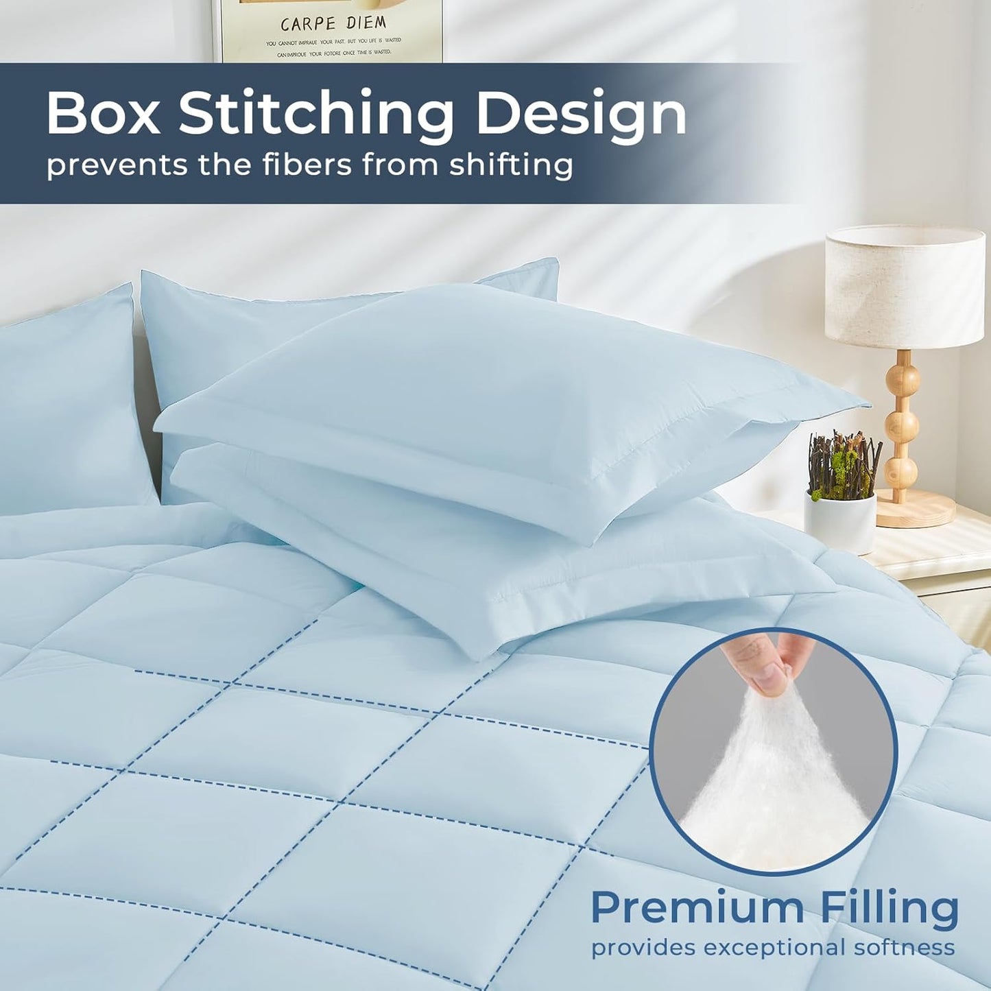 HEVUMYI 7 Pieces Queen Comforter Set, All Season Reversible Bed in a Bag Queen, Ultra Soft Queen Bedding Set with Grey Comforter, Flat Sheet, Fitted Sheet, Pillowcases, Pillow Shams, Greyish Blue