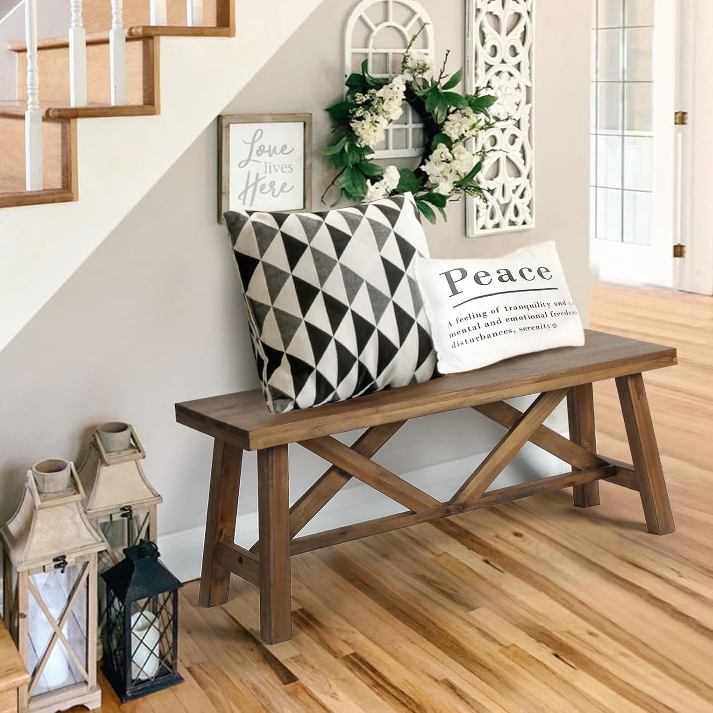 Wnutrees 43" Farmhouse Wood Bench, Rustic Solid Wood Entryway Bench Seat with Double X-Structure for Dining Room, Living Room, Hallway, Structural Stability, Natural