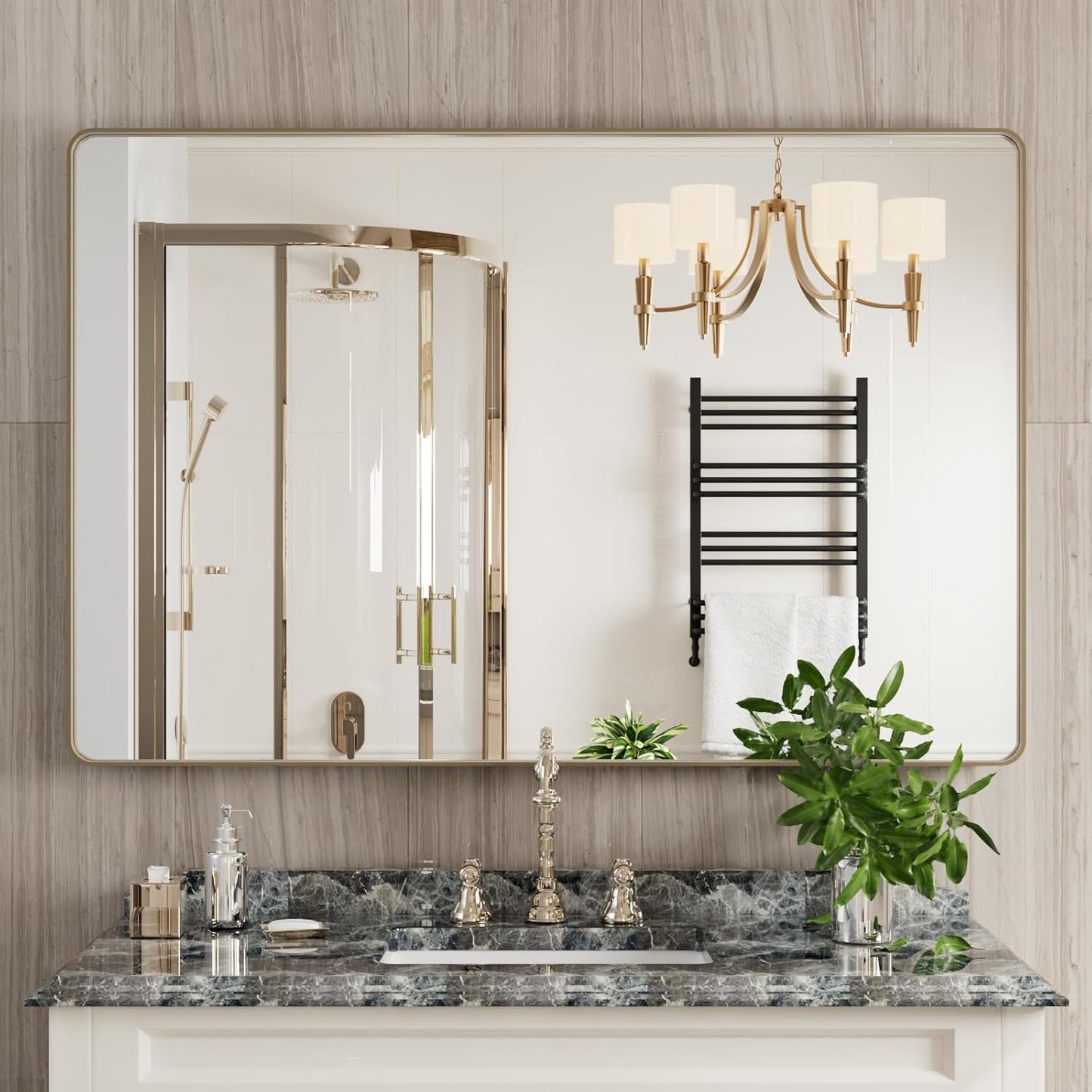 Bronze Bathroom Mirror 48x32 Inch, Brushed Bronze Metal Frame Mirror for Wall, Rounded Rectangle Bathroom Vanity Mirror with Tempered Glass, Anti-Rust, Horizontal/Vertical