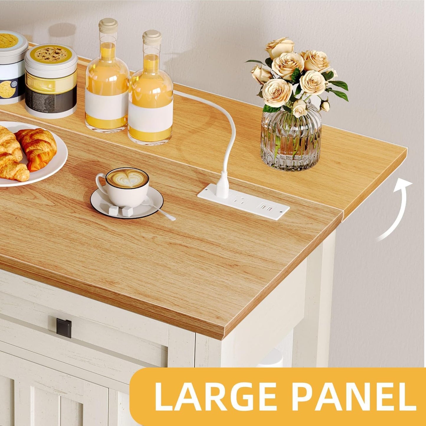 DWVO Rolling Kitchen Island with Drop Leaf, Mobile Storage Islands with Power Outlet Foldable Tabletop, 2 Drawers and Open Shelves, for Living Room, Dining Room, Off White