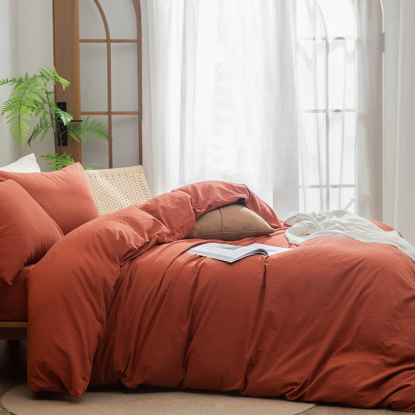 BESTOUCH Duvet Cover Set 100% Washed Cotton Linen Feel Super Soft Comfortable Chic Lightweight 3 PCs Home Bedding Set Solid Burnt Brick Red Queen