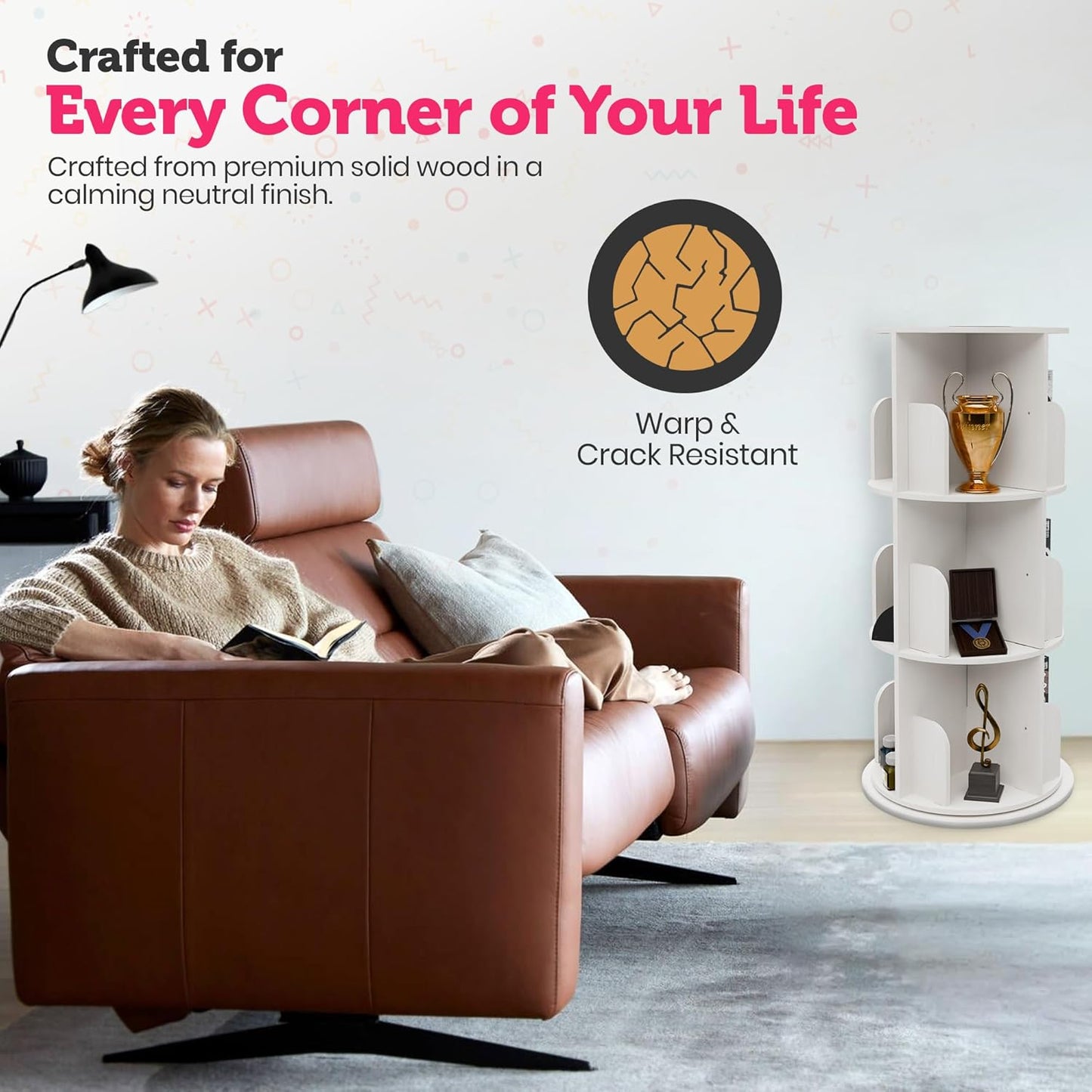 Rotating Kids Bookshelf – 3-Tier 360° Spinning Bookcase Tower, Solid Pine Wood, 12 Cubbies, Toddler Bookshelf Organizer & Lazy-Susan Storage for Nursery, Classroom or Playroom (White Finish)